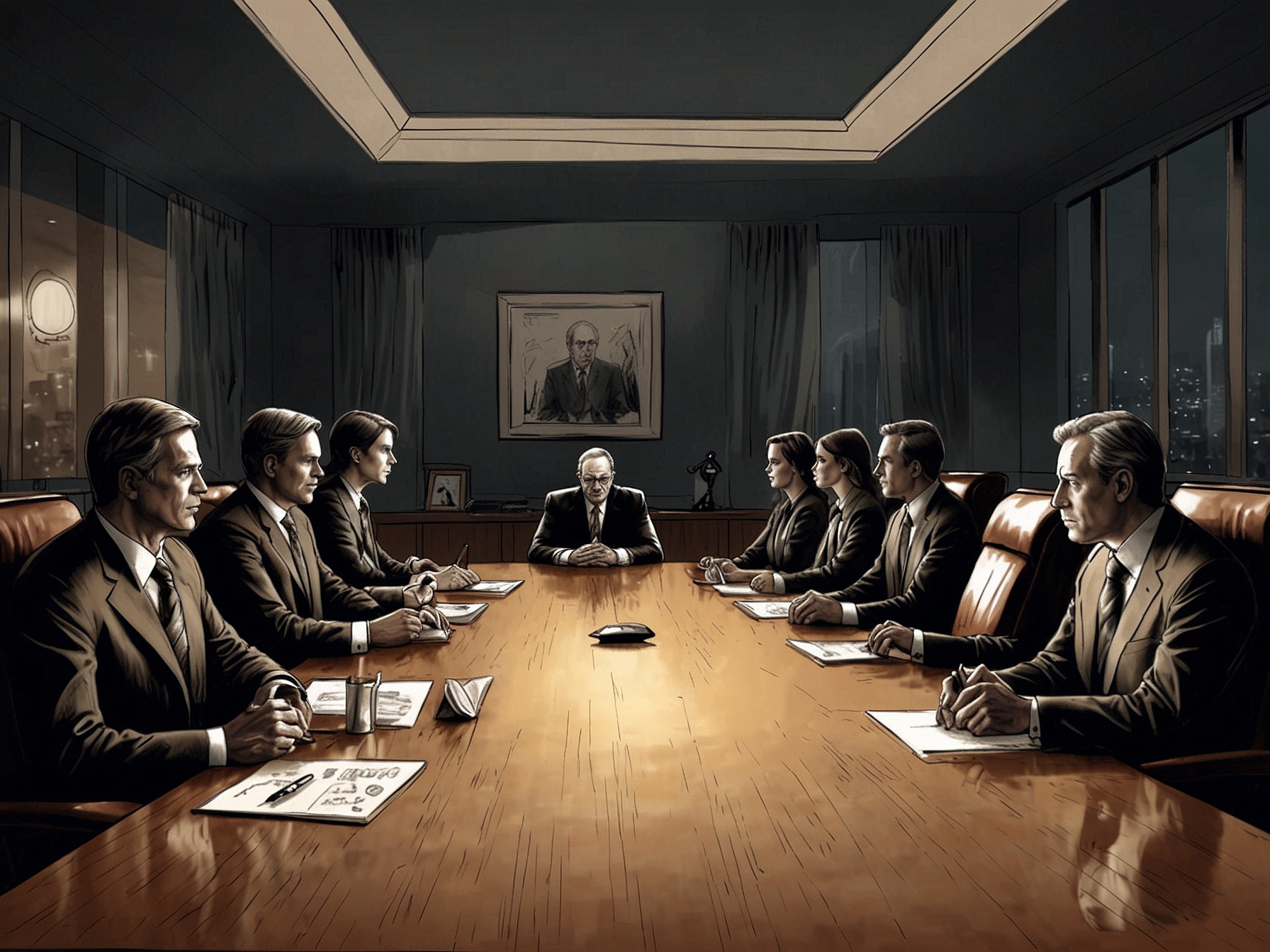 A boardroom meeting with business executives, symbolizing the dark side of international business dealings.