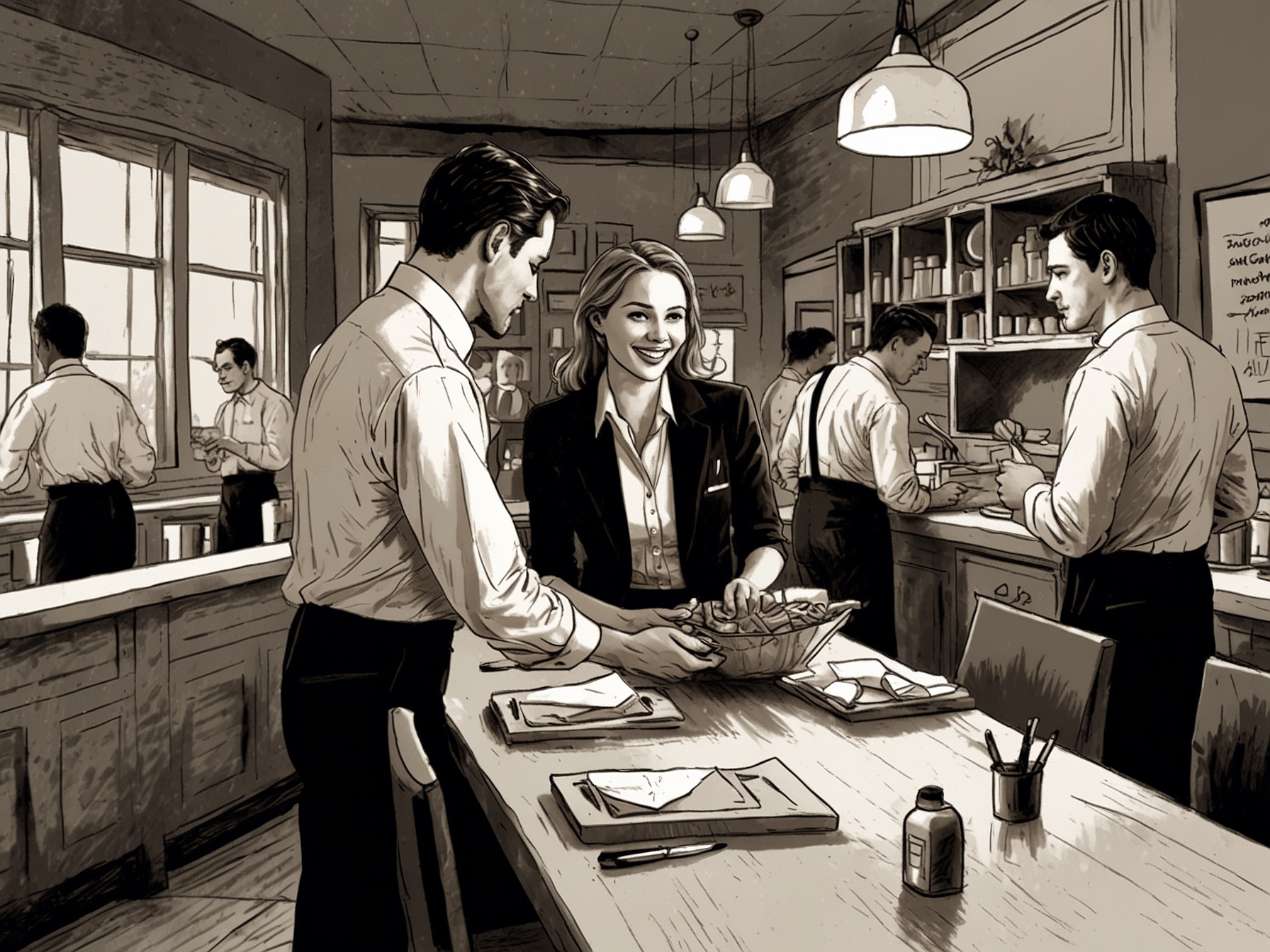 Waitstaff members collecting tips at a busy restaurant, representing the hospitality industry's stake in the tax debate.