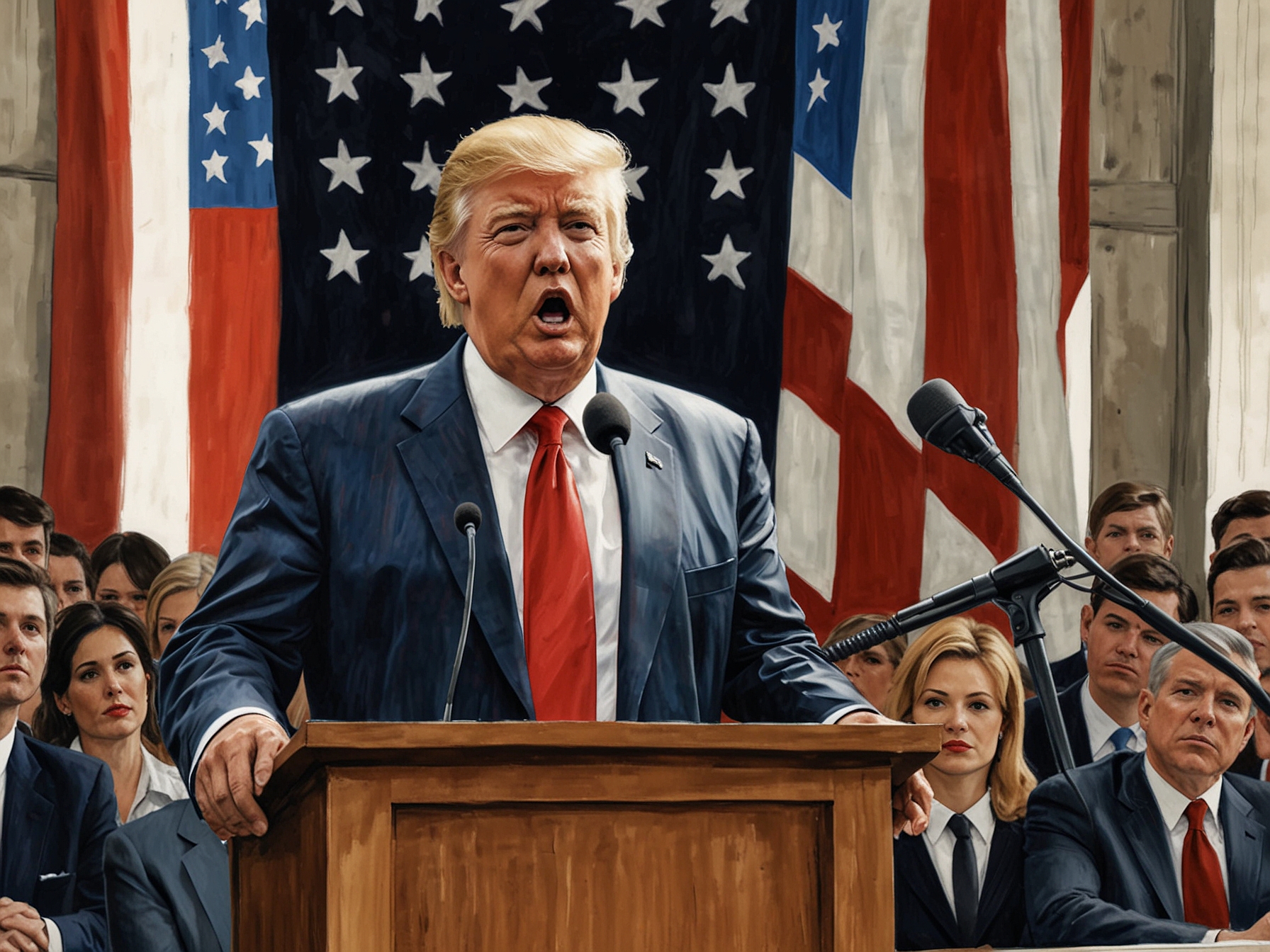 Donald Trump at a previous press conference, speaking into a microphone with a backdrop of American flags.