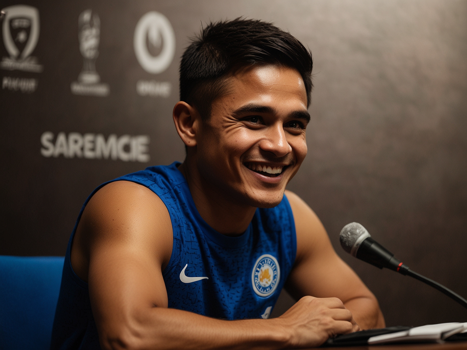 A candid shot of Sunil Chhetri smiling during a press conference, engaging with both the media and fans effortlessly.