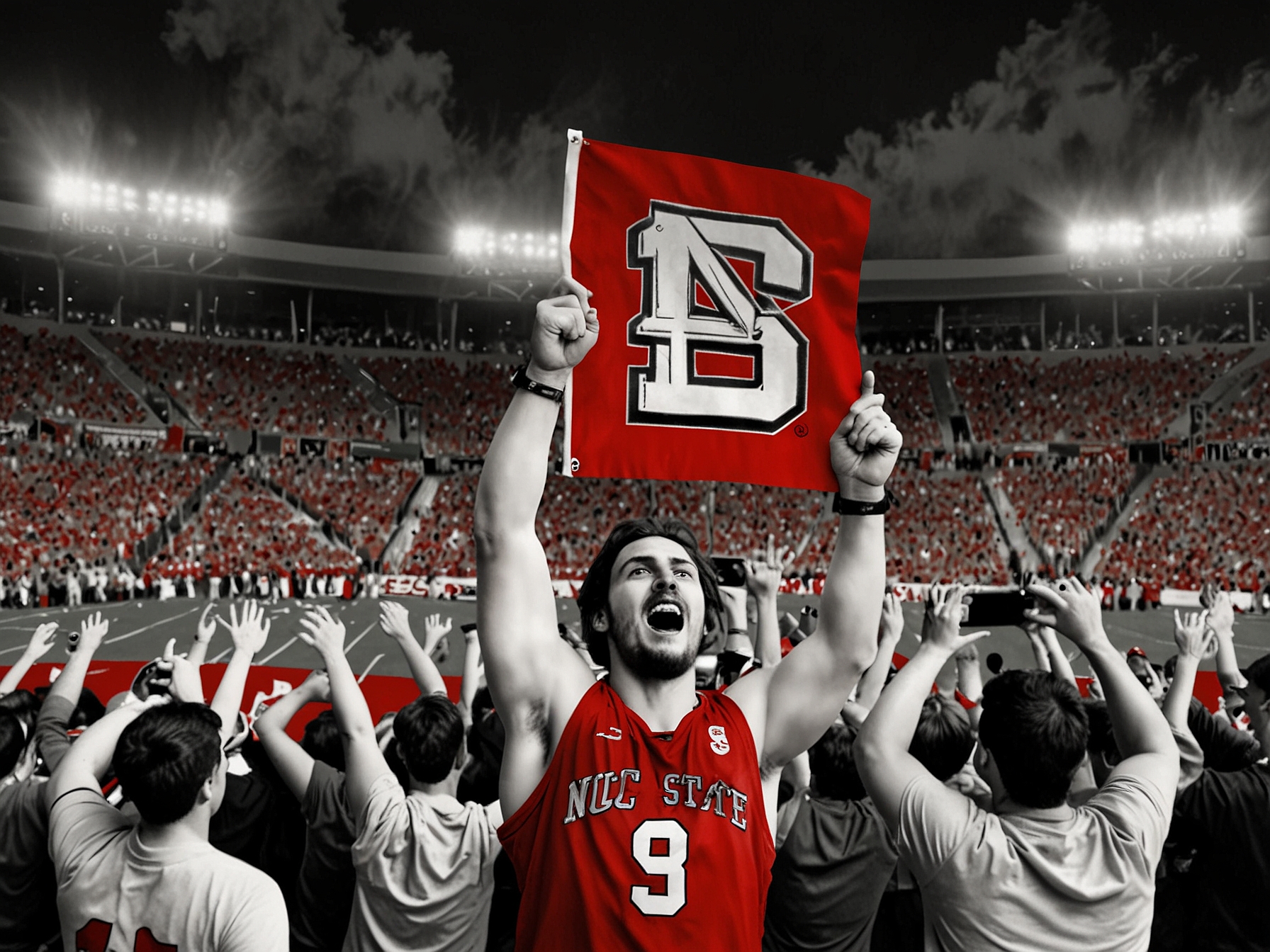 NC State Wolfpack's logo with a background of cheering fans at a sports event.