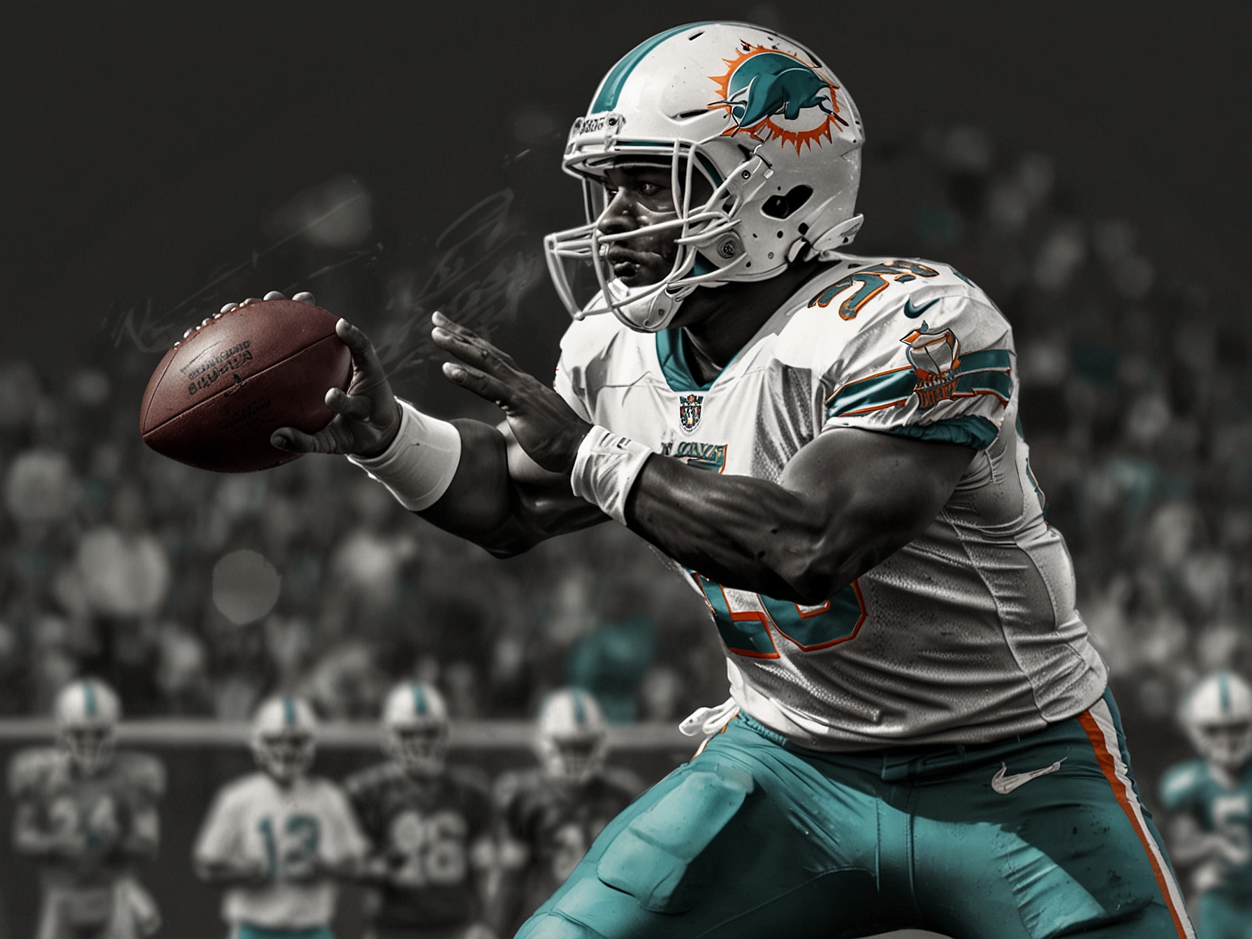 A Miami Dolphins player preparing to throw a football during a game, symbolizing the team's offensive strategies.