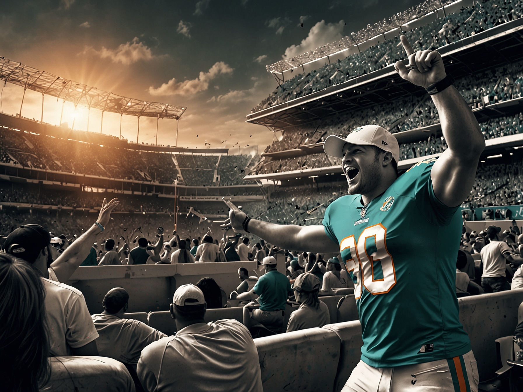 A packed stadium with Miami Dolphins fans eagerly cheering for their team, showcasing the strong fan support.