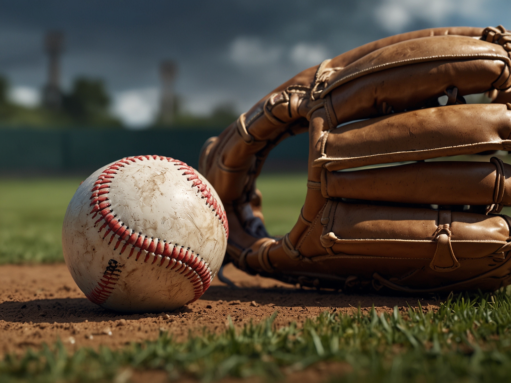 Close-up of a baseball glove and ball on the field, symbolizing the sport and the game's intensity.