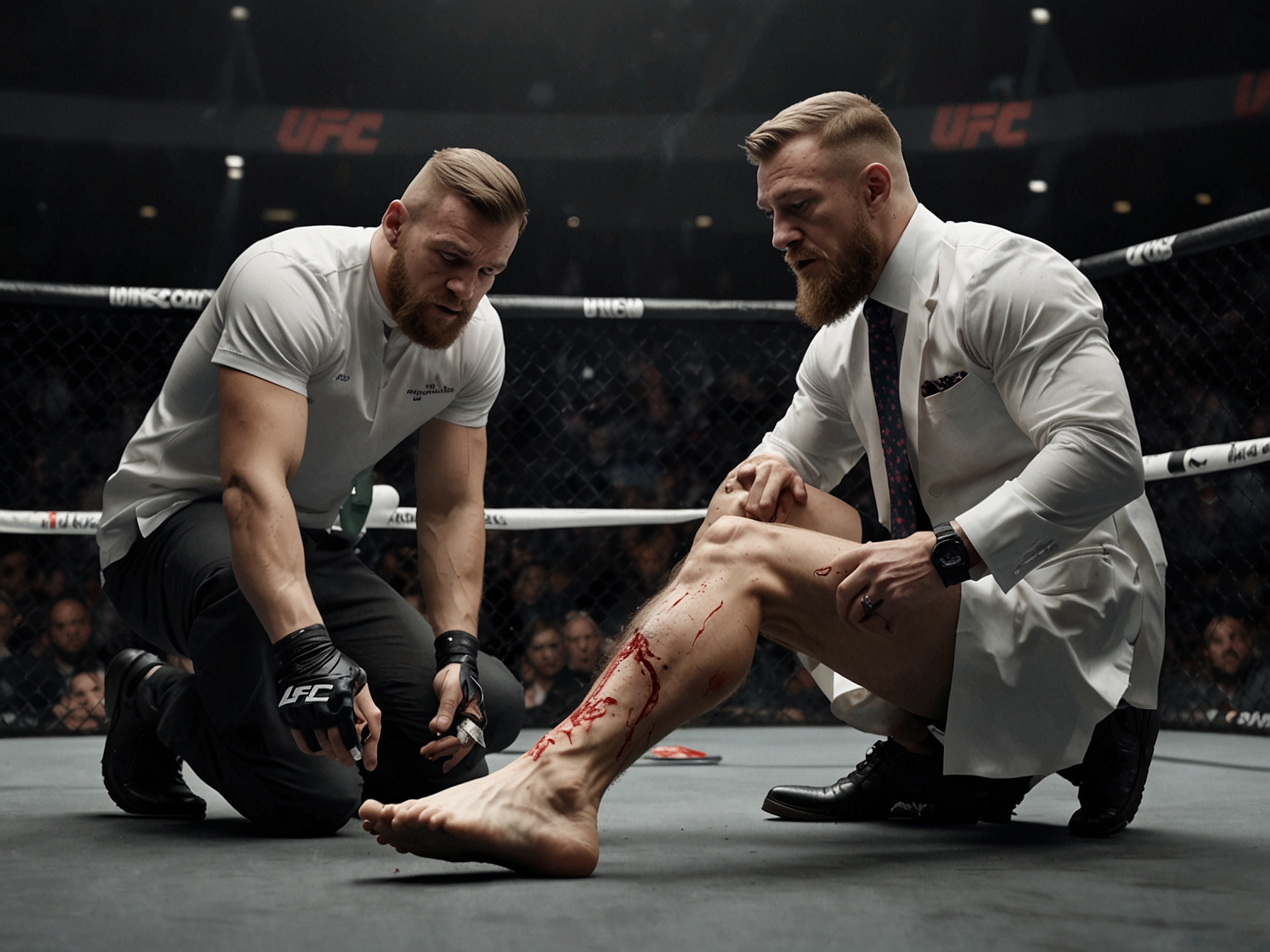 Conor McGregor's leg injury being assessed by medical professionals during a UFC event.