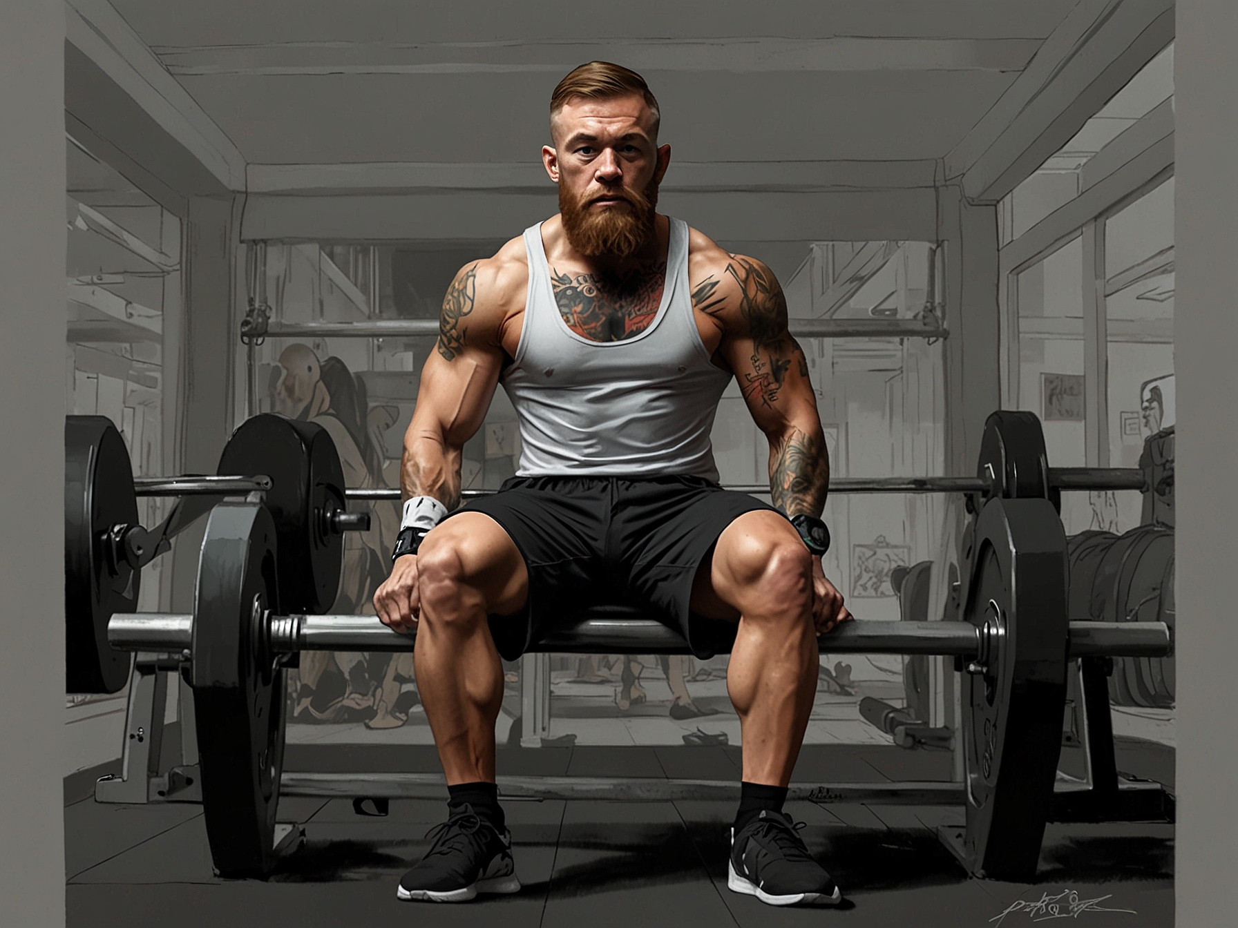 Conor McGregor training at the gym, illustrating his journey towards recovery from a serious leg injury.