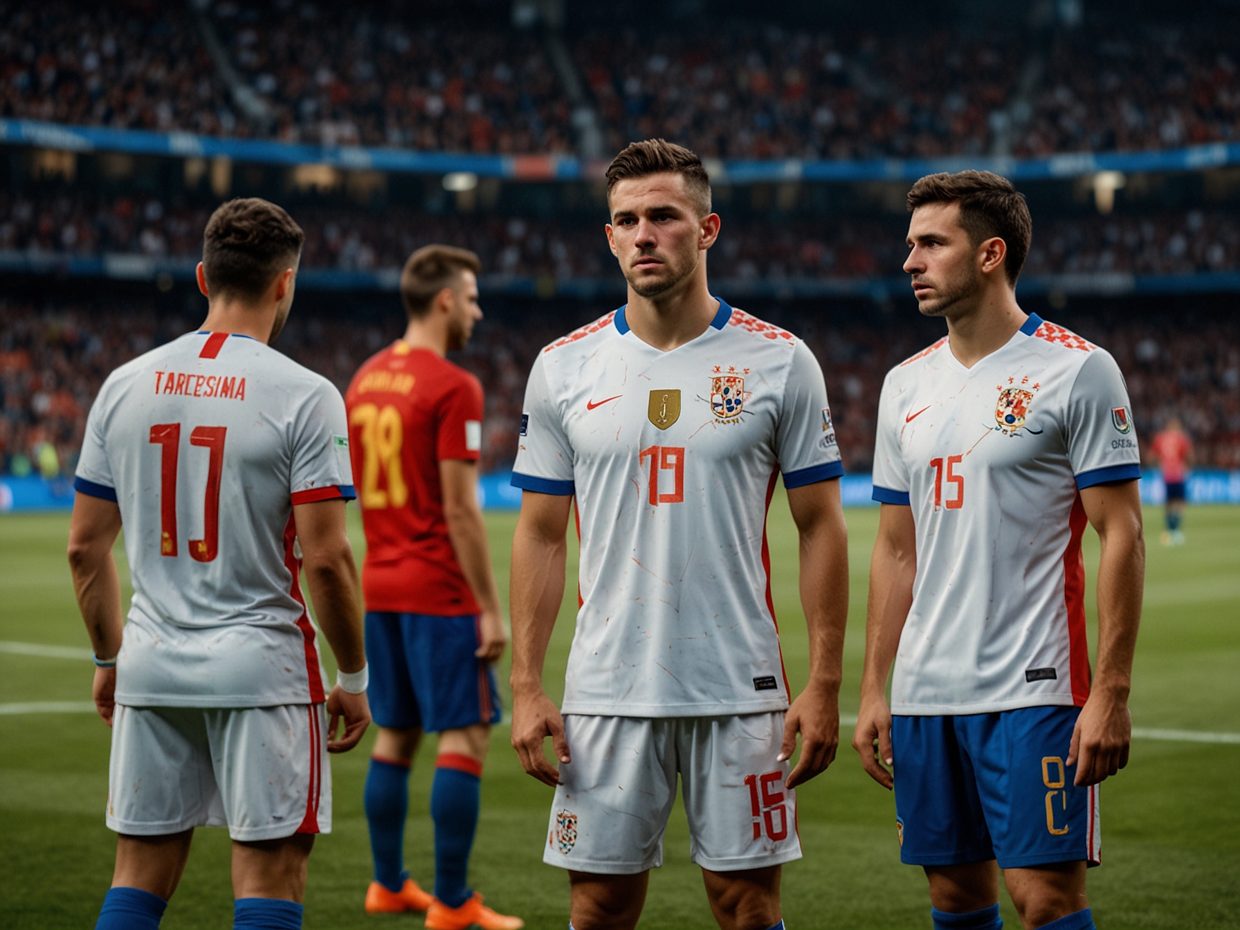 Croatian players looking dejected on the field as Spain takes control and secures a 3-0 victory in their Euro 2024 debut.