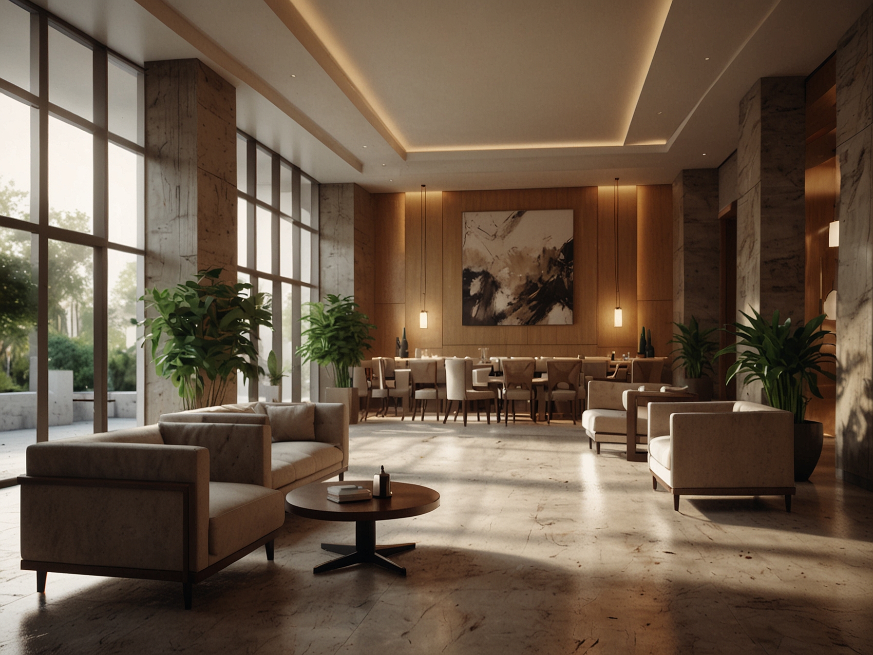 A serene image of a tranquil hotel lobby with minimalist decor and cozy seating areas.