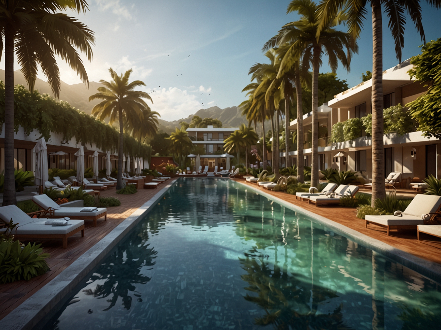 A picturesque outdoor area of the hotel featuring lush gardens, a sparkling pool, and inviting lounge chairs.