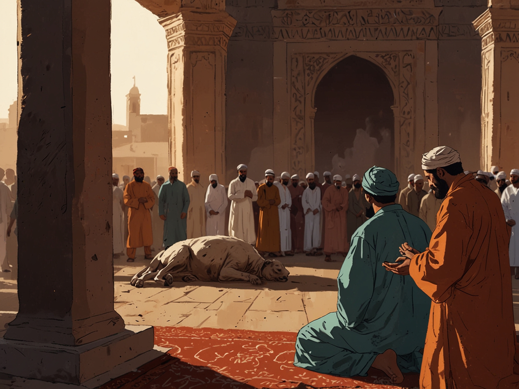 The act of animal sacrifice being performed as part of Eid ul Adha, honoring the story of Abraham's willingness to sacrifice his son in obedience to God.