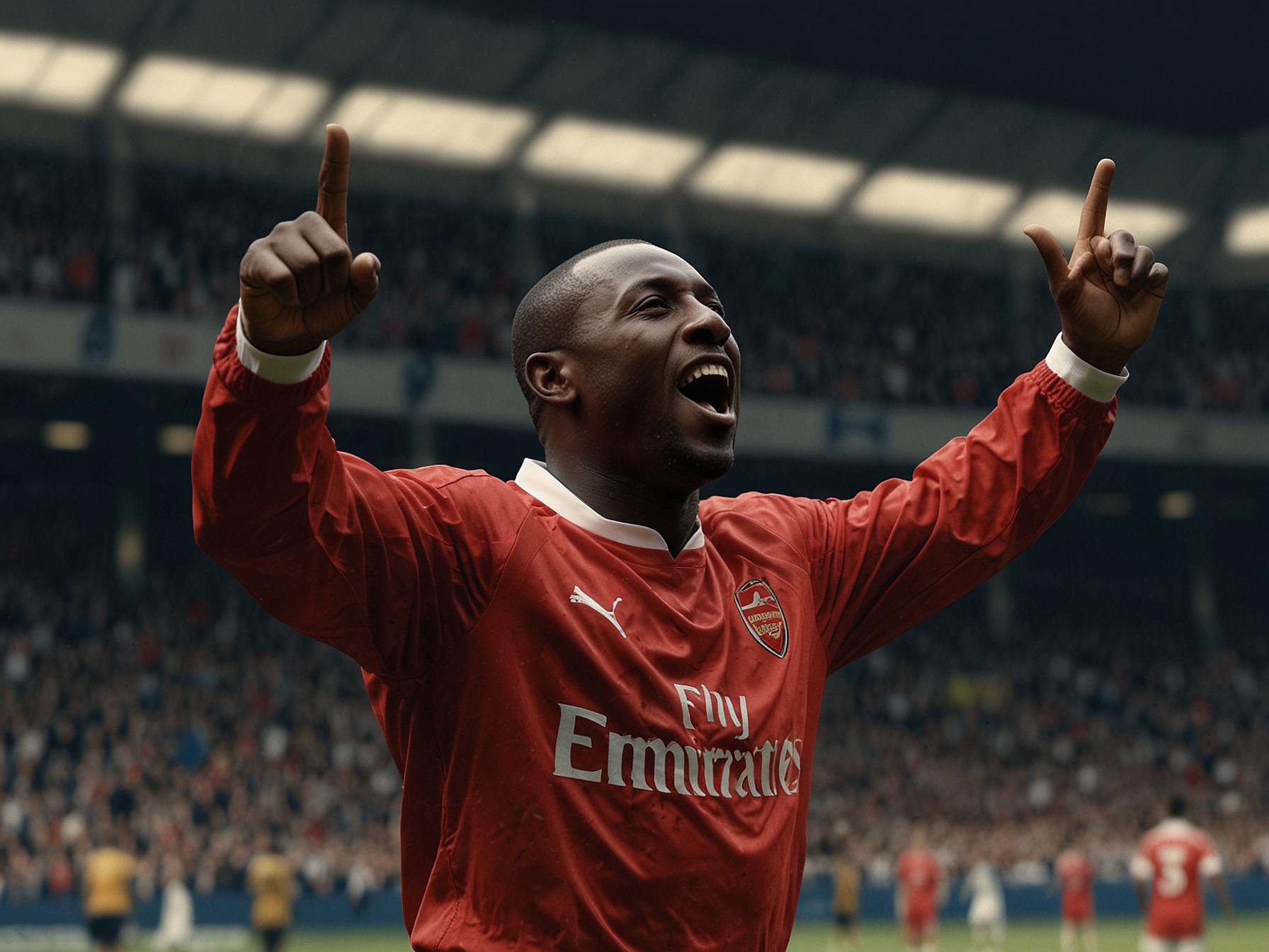 A nostalgic image of Kevin Campbell celebrating a goal in his Arsenal jersey during a Premier League match.