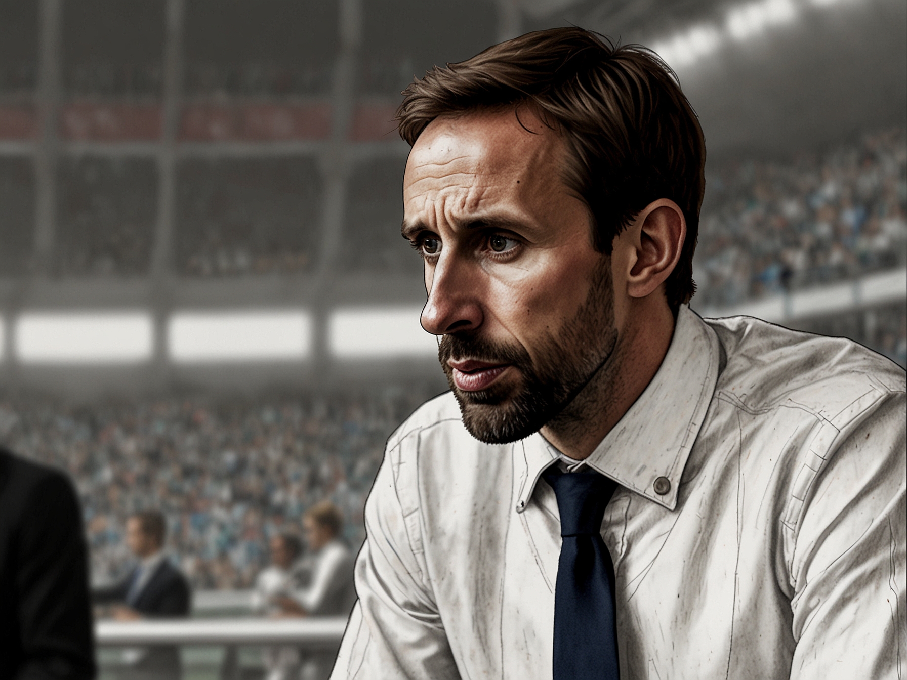 Gareth Southgate strategizing during an England football match, highlighting his role as a transformative leader.