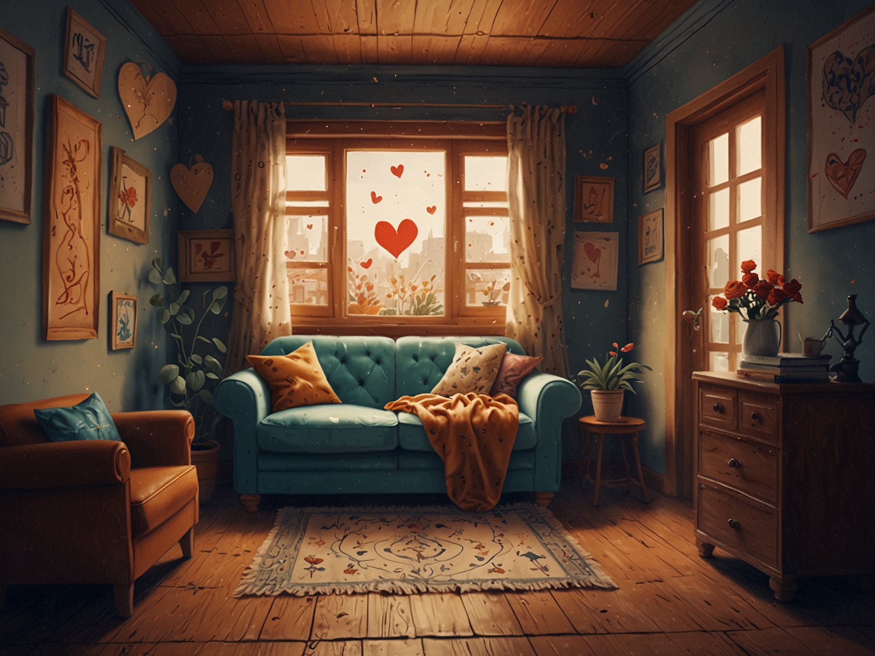 A Cancer zodiac sign surrounded by illustrations of hearts and a cozy home, symbolizing nurturing and comfort.