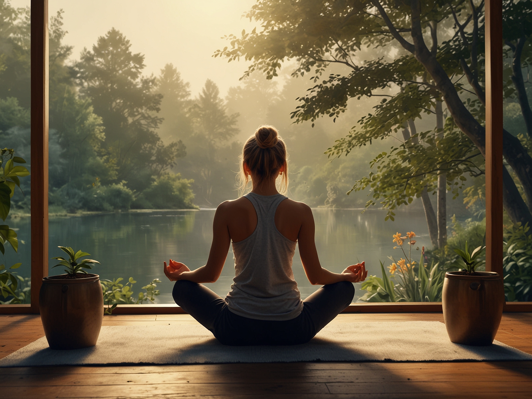 A serene scene with a person enjoying a cup of herbal tea and engaging in light exercise, like yoga or stretching.