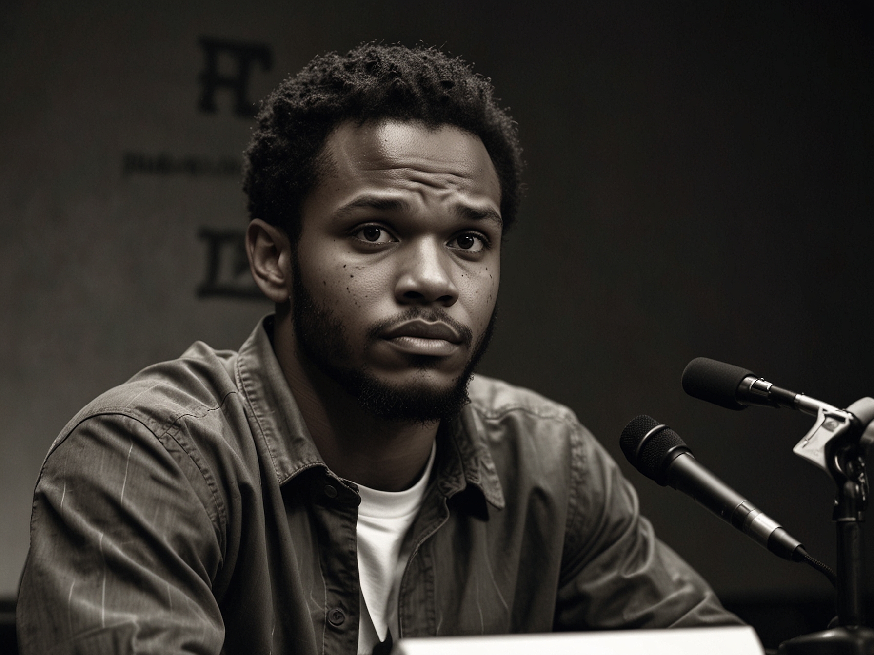 Jamahal Hill sporting a serious expression during a press conference, discussing his injuries.