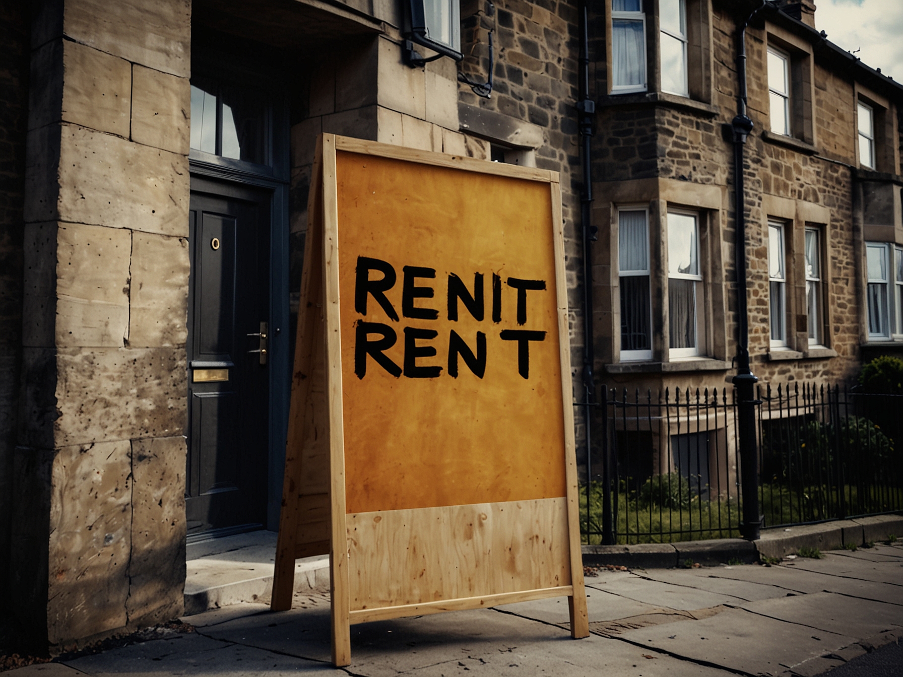 A photo showing a ‘For Rent’ sign in front of a residential building in Scotland, symbolizing the housing market's current state.