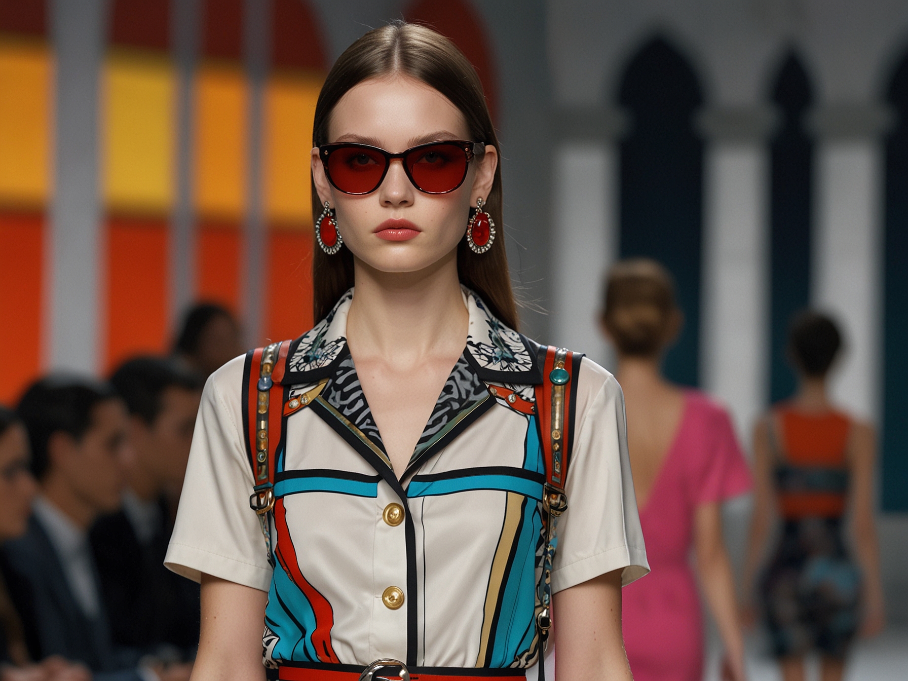 A vibrant runway scene at Milan Fashion Week showcasing Prada's latest collection, emphasizing playful designs and bold colors.