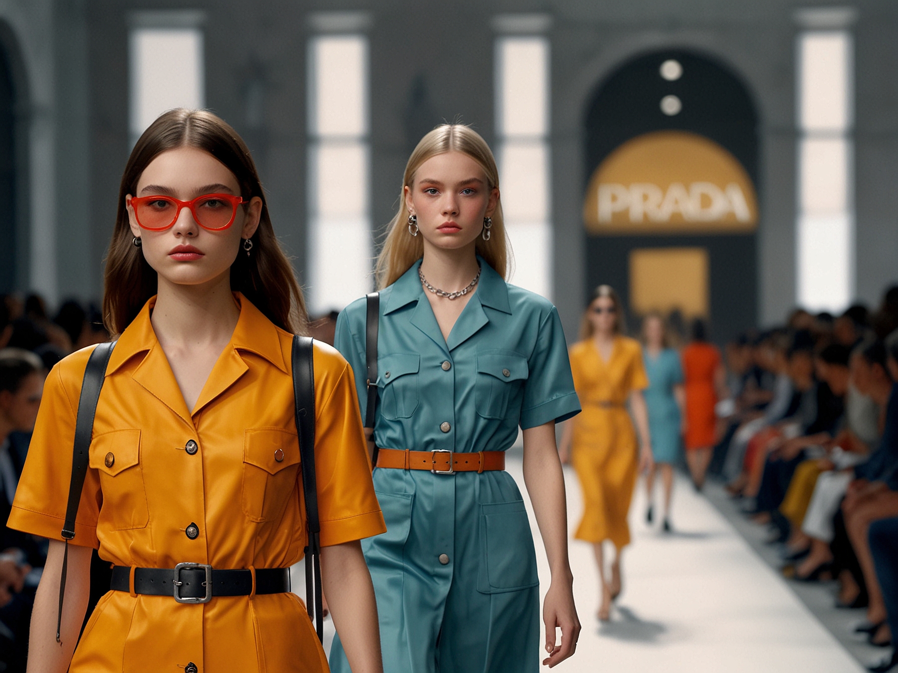 Models at Milan Fashion Week representing Prada's theme of youthful optimism, walking down the runway in cutting-edge outfits.