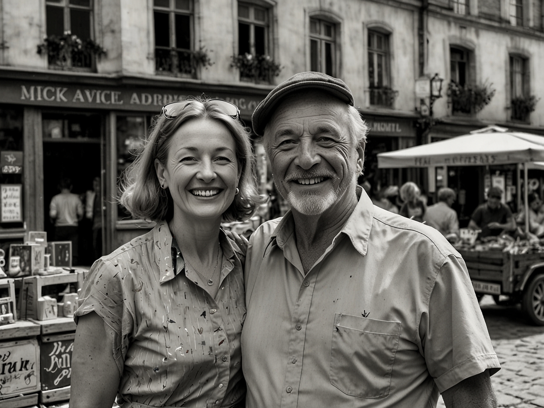 Dick and Angel Strawbridge enthusiastically exploring a French market town, capturing local culture and vibrant life.