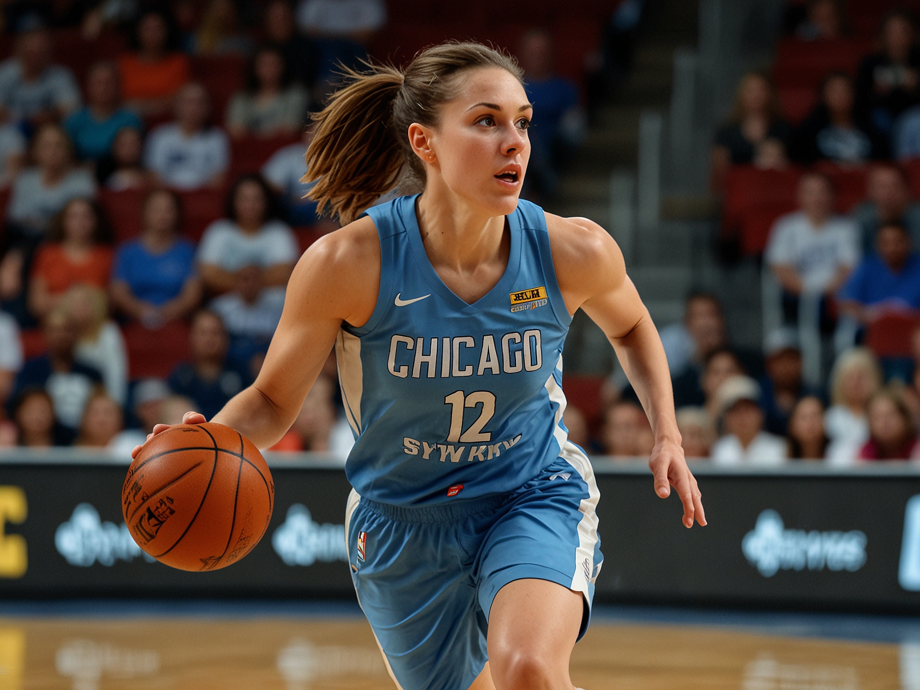 Caitlin Clark, point guard for Chicago Sky, making a strong drive towards the basket during a recent WNBA game.
