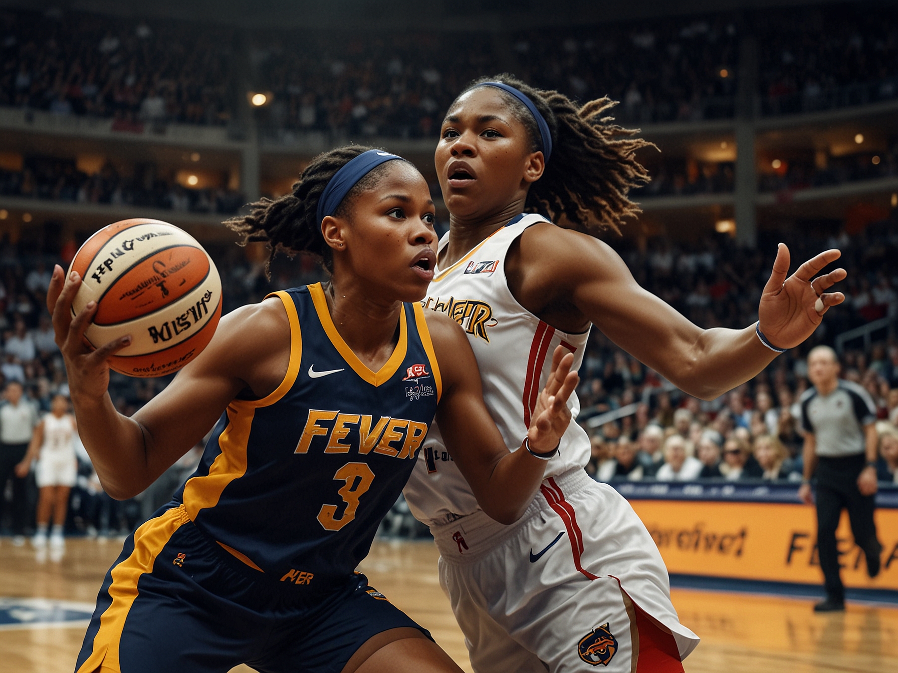 Angel Reese of Indiana Fever defending aggressively against an opponent during a tense moment in the game.
