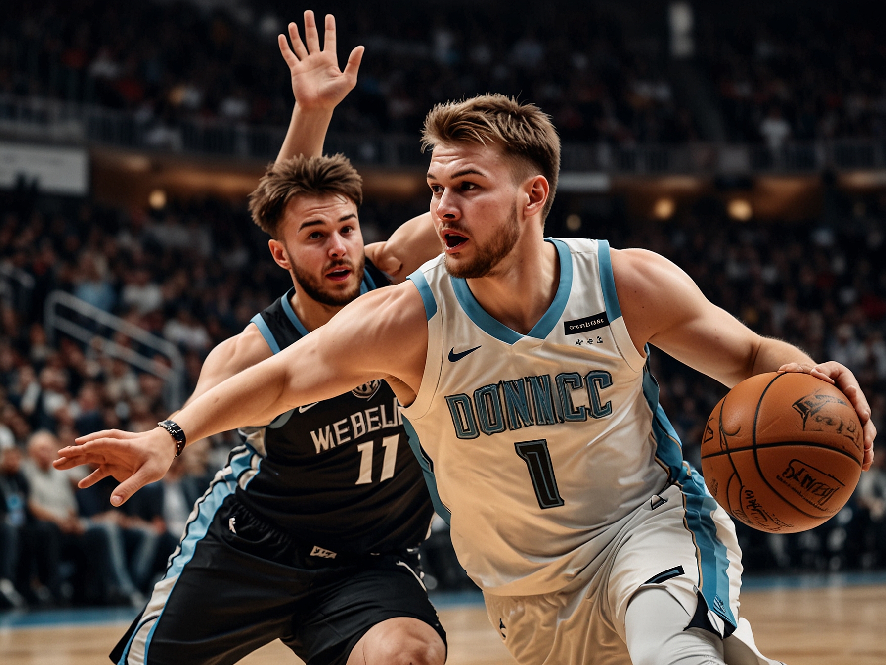 Luka Doncic struggling defensively while trying to block an opposing player during a game.