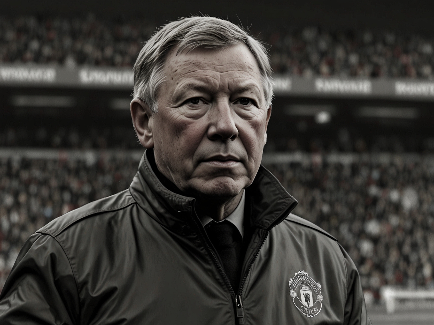 Sir Alex Ferguson on the sidelines, representing his era at Manchester United.