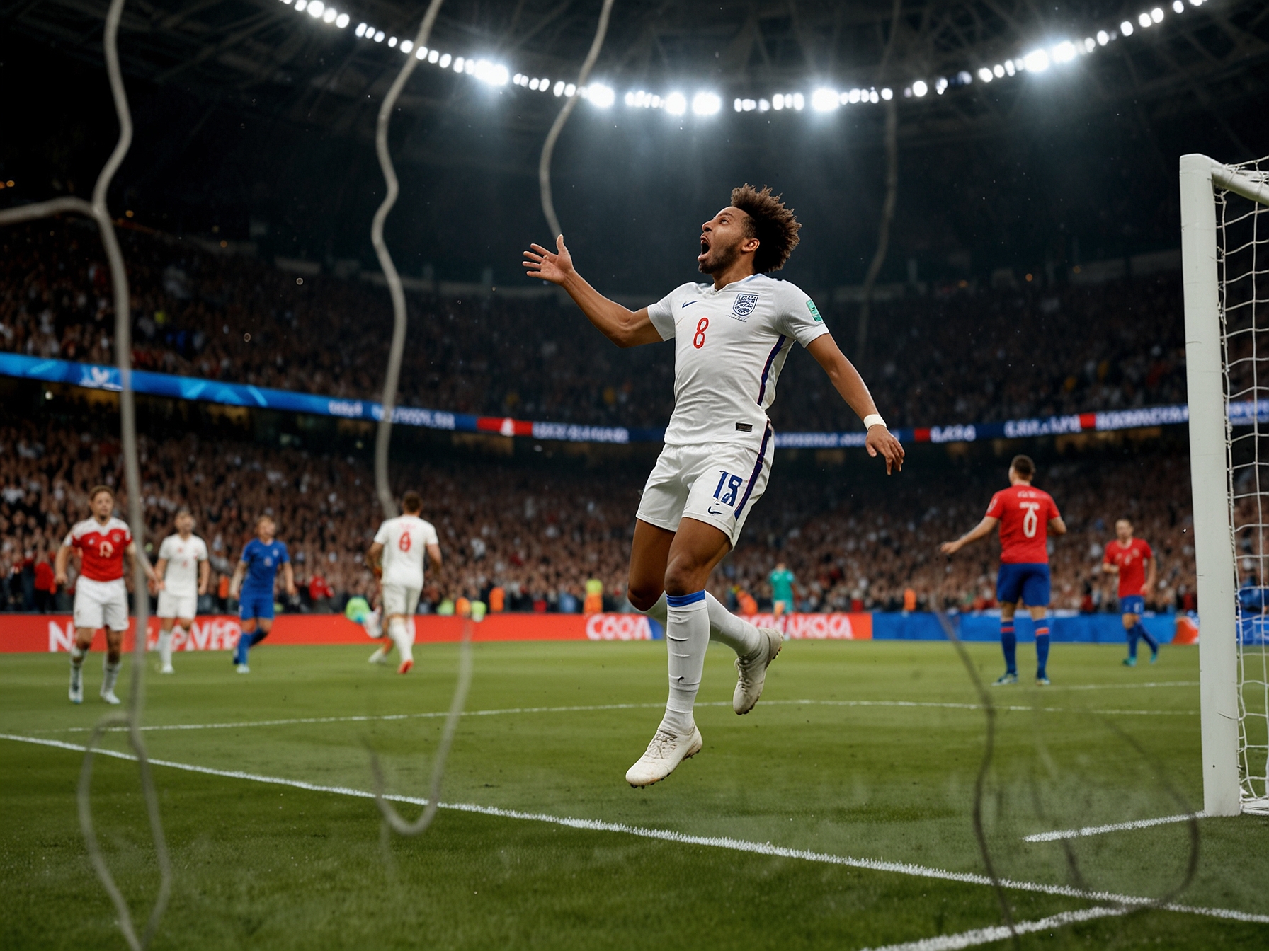 Jude Bellingham leaps to head the ball into the net, scoring England's first goal against Serbia in the UEFA Euro 2024 Group C opener.