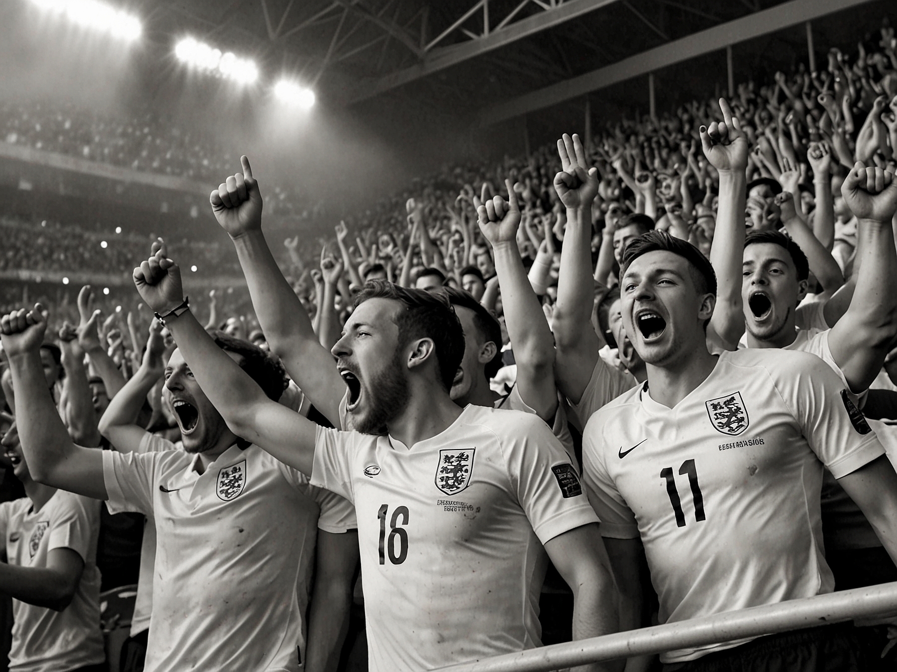 England fans celebrate in the stands after Jude Bellingham's opening goal against Serbia at the Arena AufSchalke.