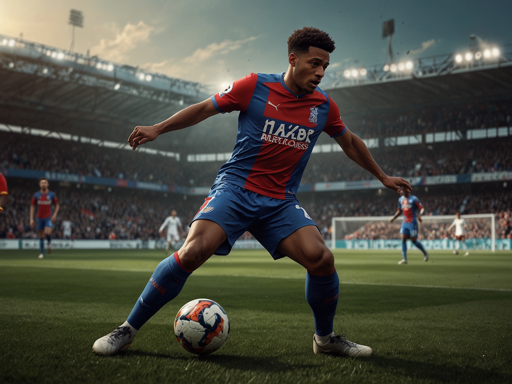 A detailed illustration of Michael Olise in action for Crystal Palace.