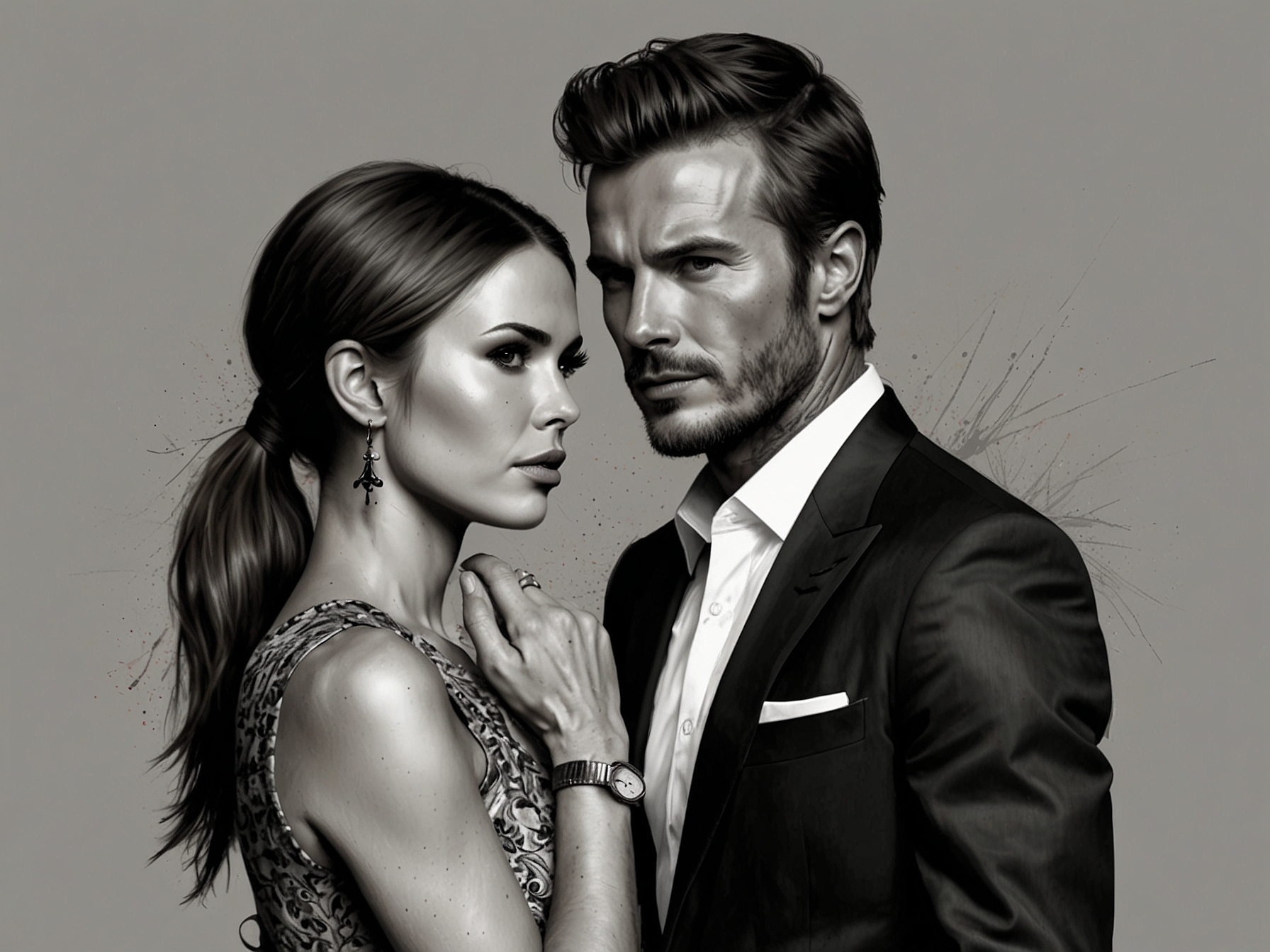 A tense moment portrayed between Victoria and David Beckham, highlighting the strain in their relationship after affair rumors.