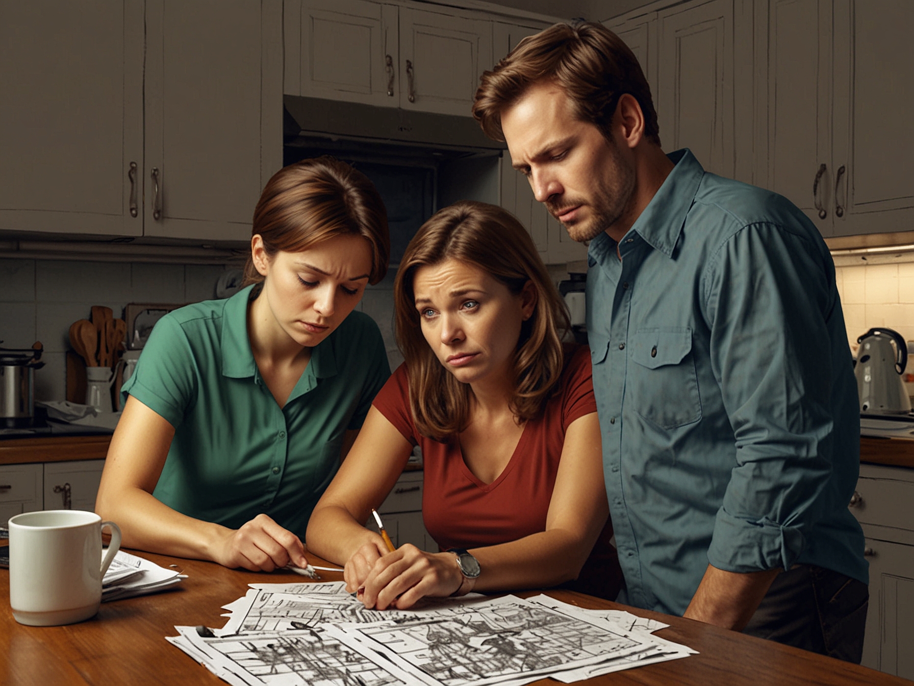 A stressed middle-income family looking over their bills at the kitchen table.