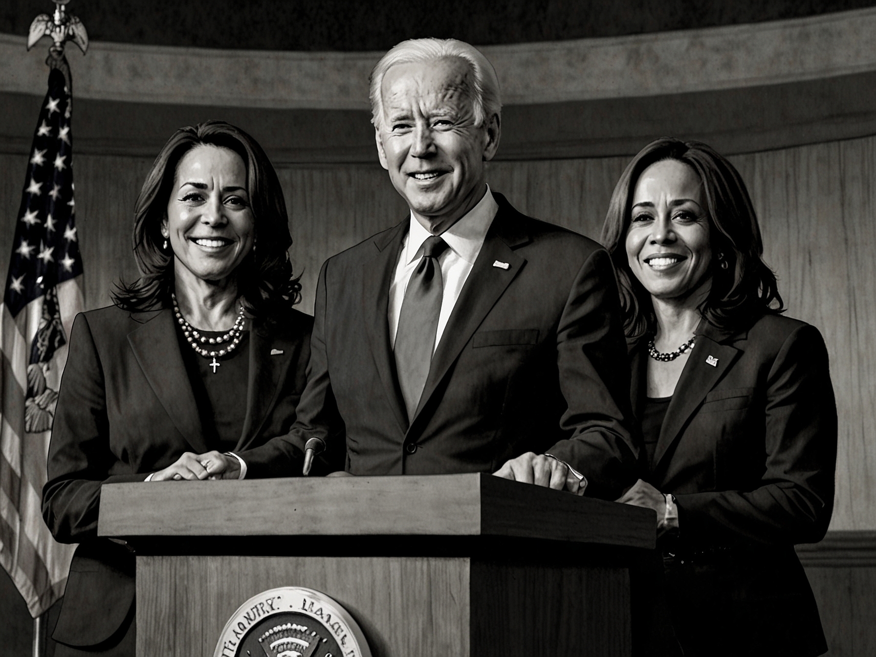President Joe Biden speaks at a podium with Vice President Kamala Harris and former President Barack Obama at an event in Los Angeles.