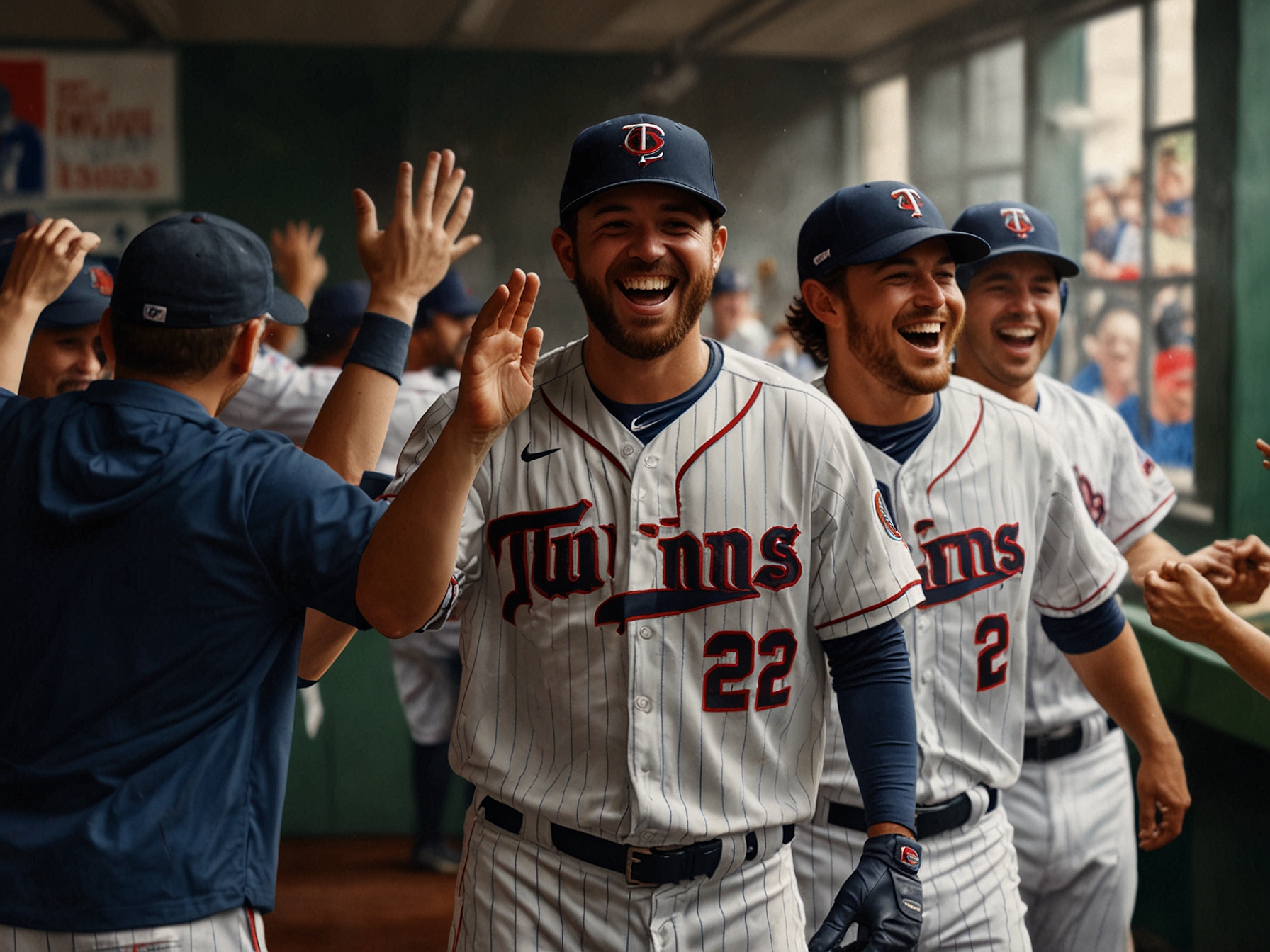 Minnesota Twins players celebrating their victory in the dugout after winning the first game of the doubleheader.