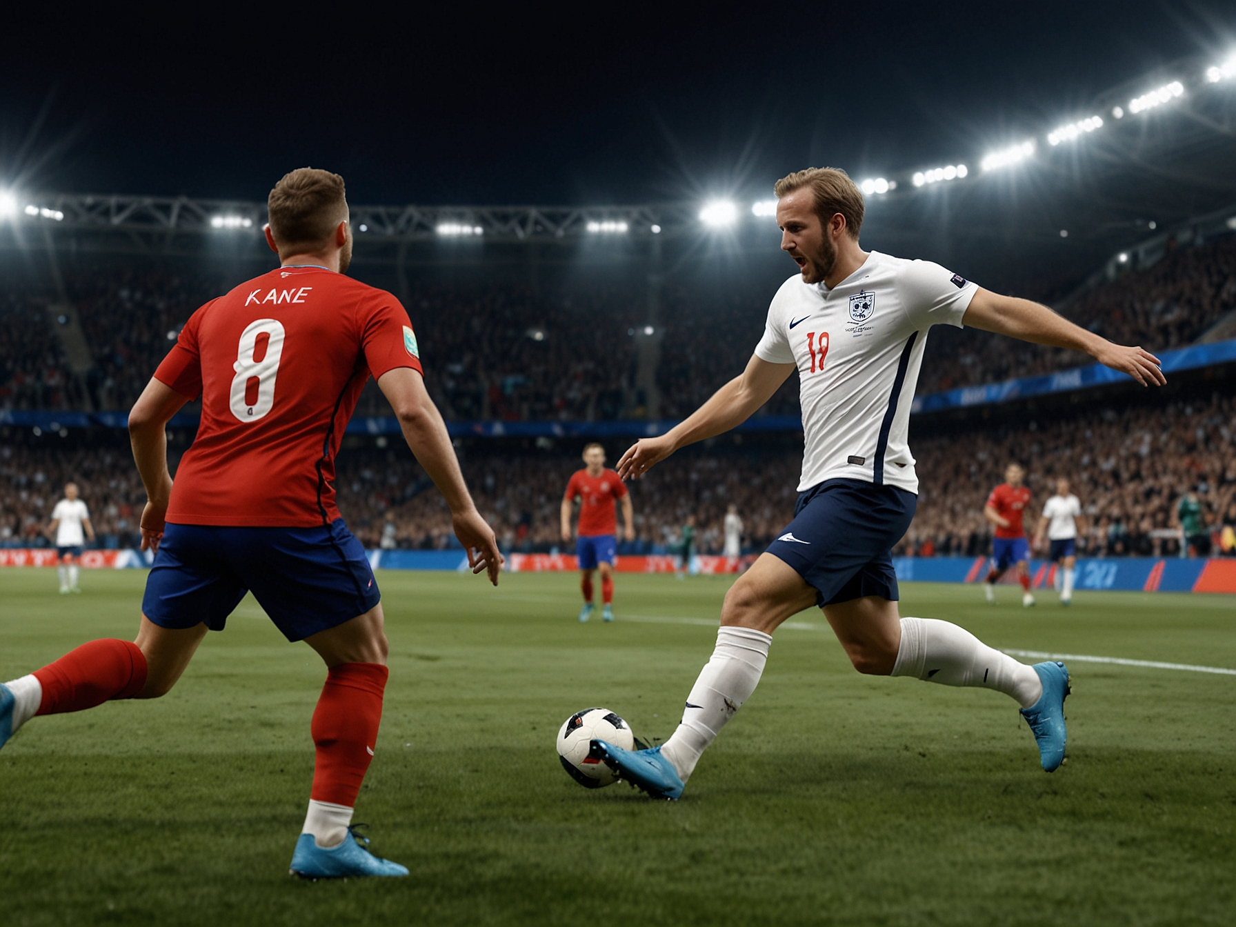 Harry Kane taking a shot at goal during the Euro 2024 match against Serbia.