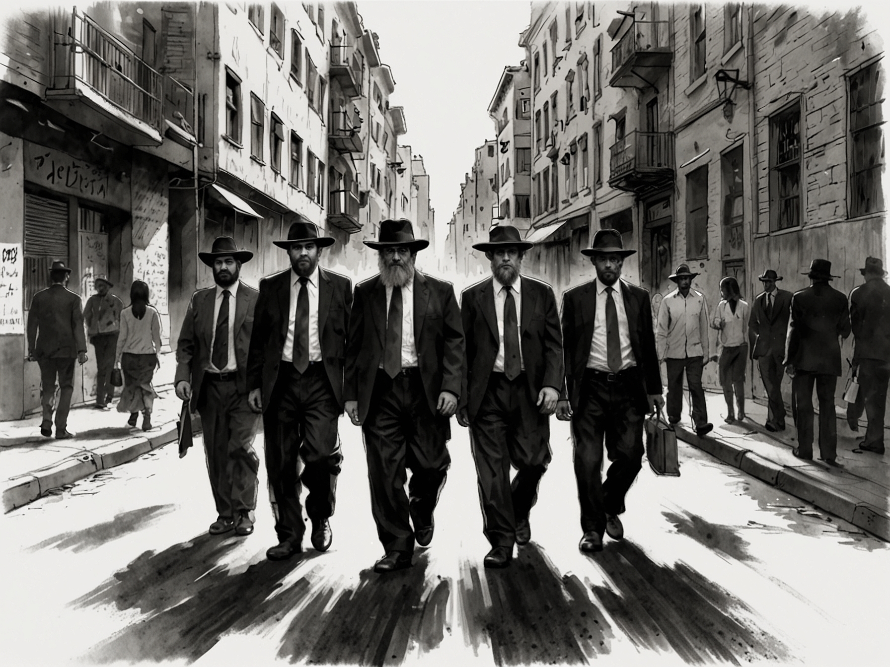 An image showing a group of Haredi men walking in a city, highlighting their distinct attire and community.