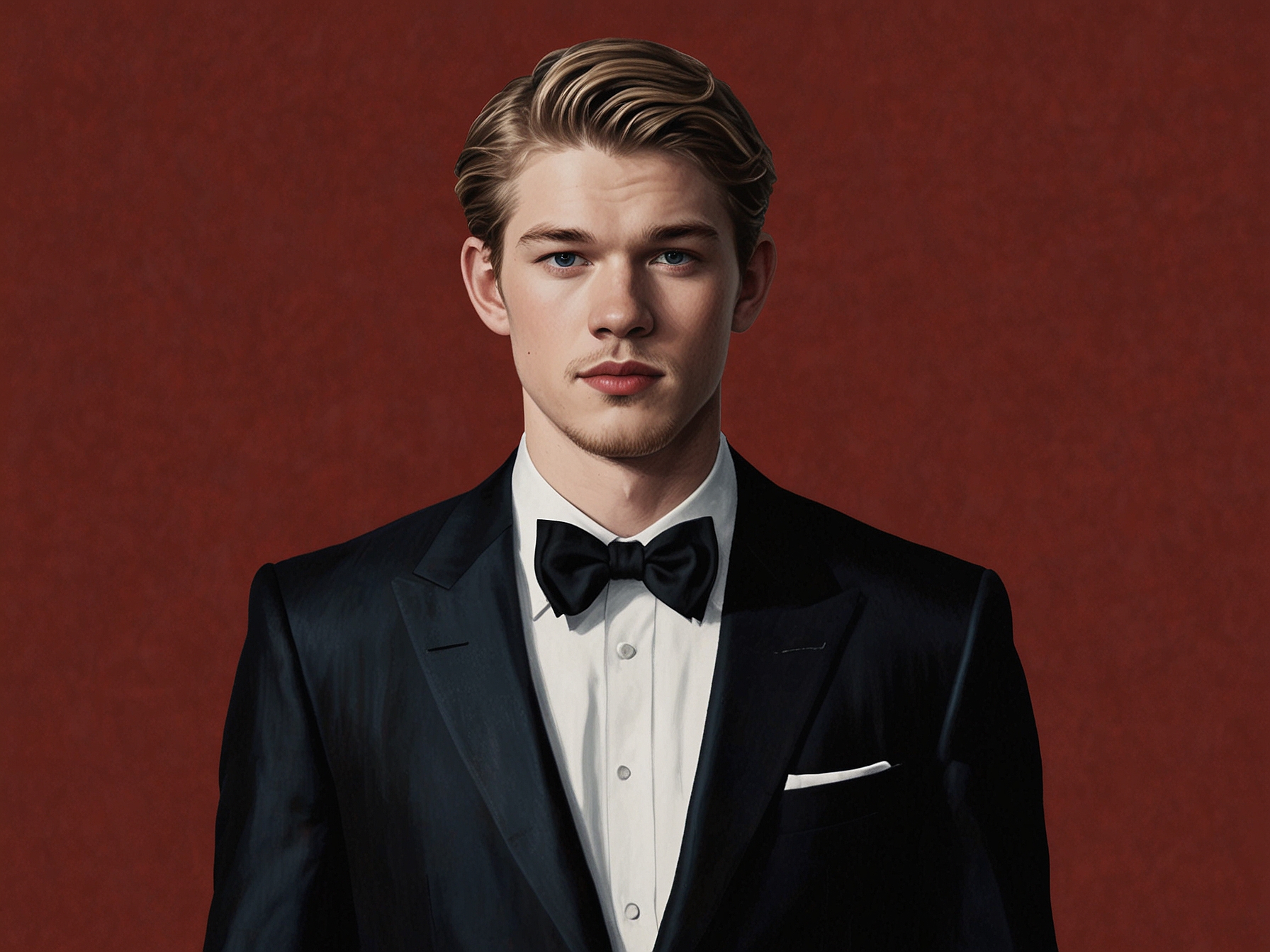 Joe Alwyn poses on the red carpet at a prestigious award show, looking dapper in a tailored suit.