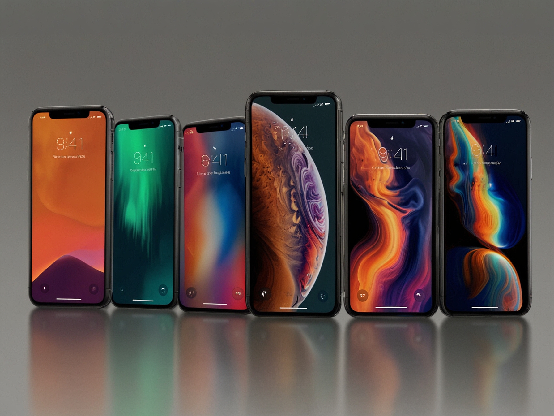 A lineup of iPhones showcasing the models compatible with new AI features in iOS 18.