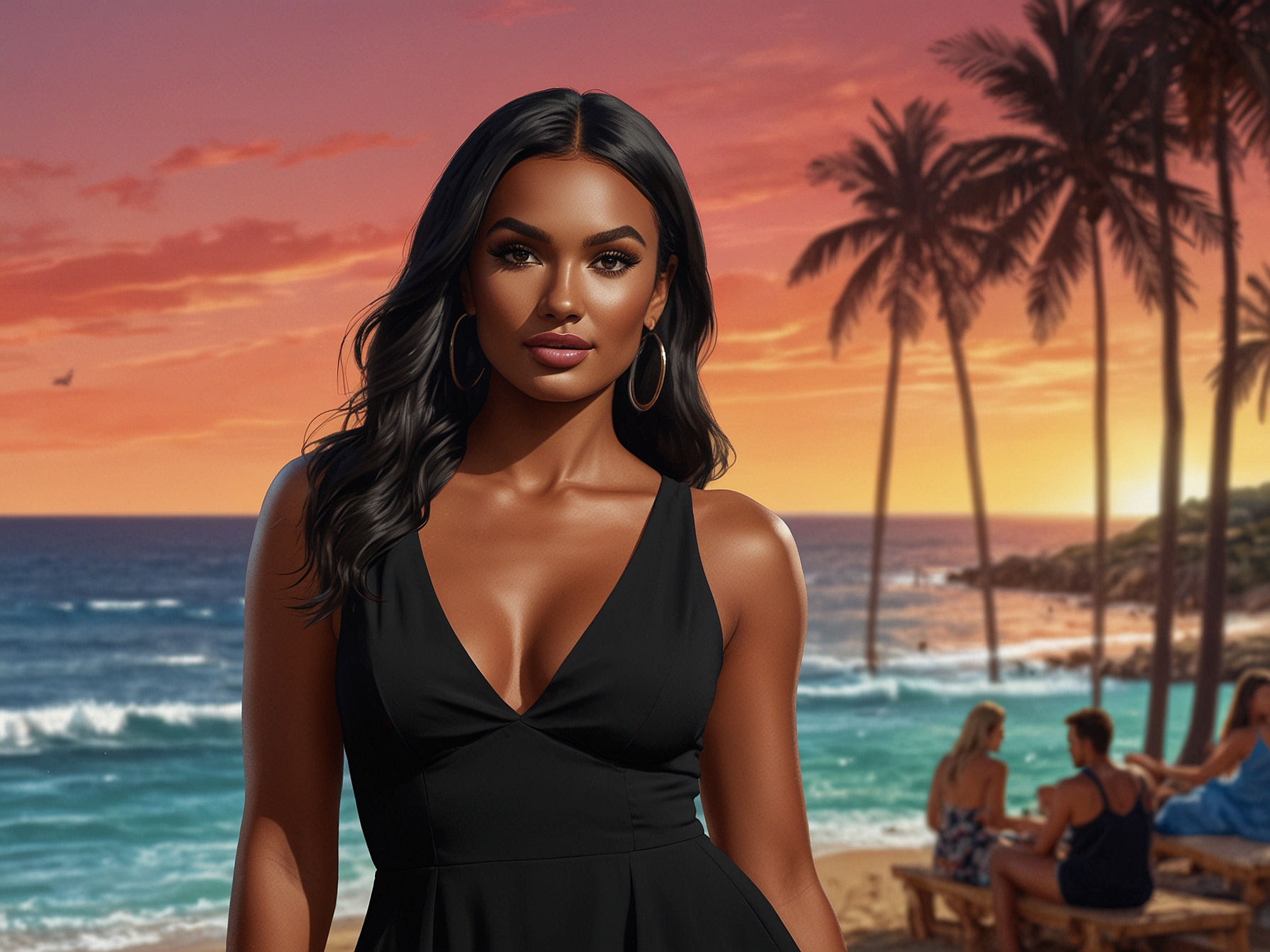 Maya Jama poses confidently on the set of Love Island Aftersun, wearing a show-stopping black mini dress.