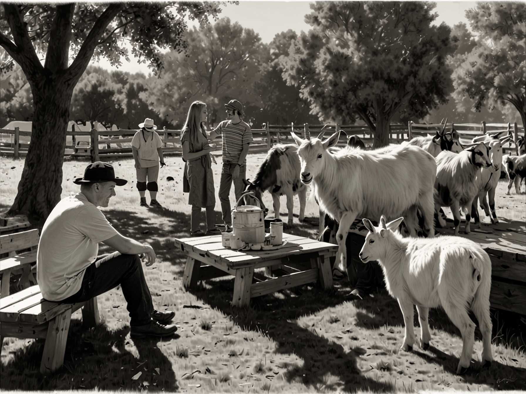 Visitors enjoy a sunny day and delicious food amidst the company of friendly goats during the Picnic with Goats event at Cajun Corral Farm.