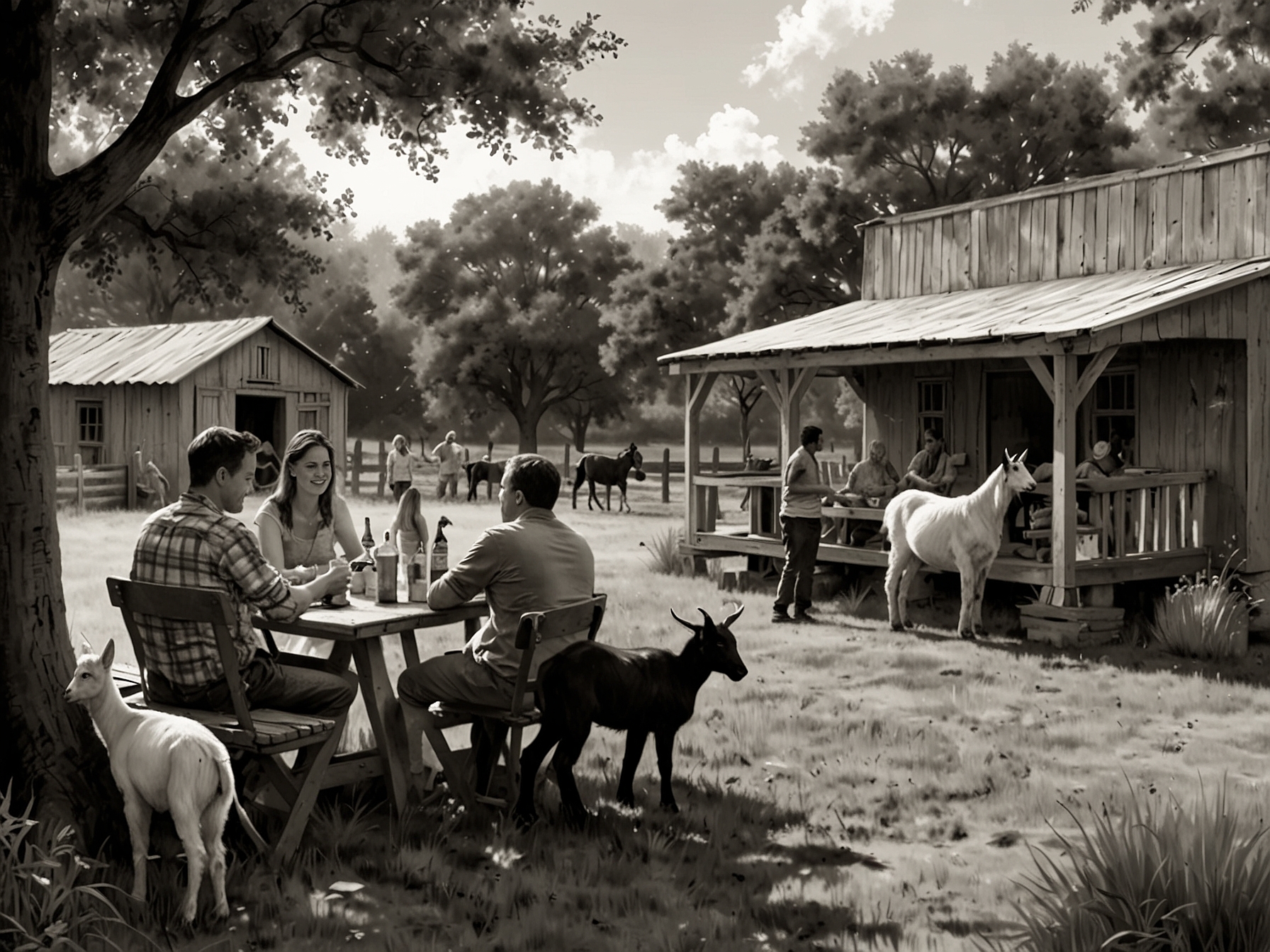 A peaceful scene at the Cajun Corral Farm where families gather for a relaxing picnic and interact with the resident goats.