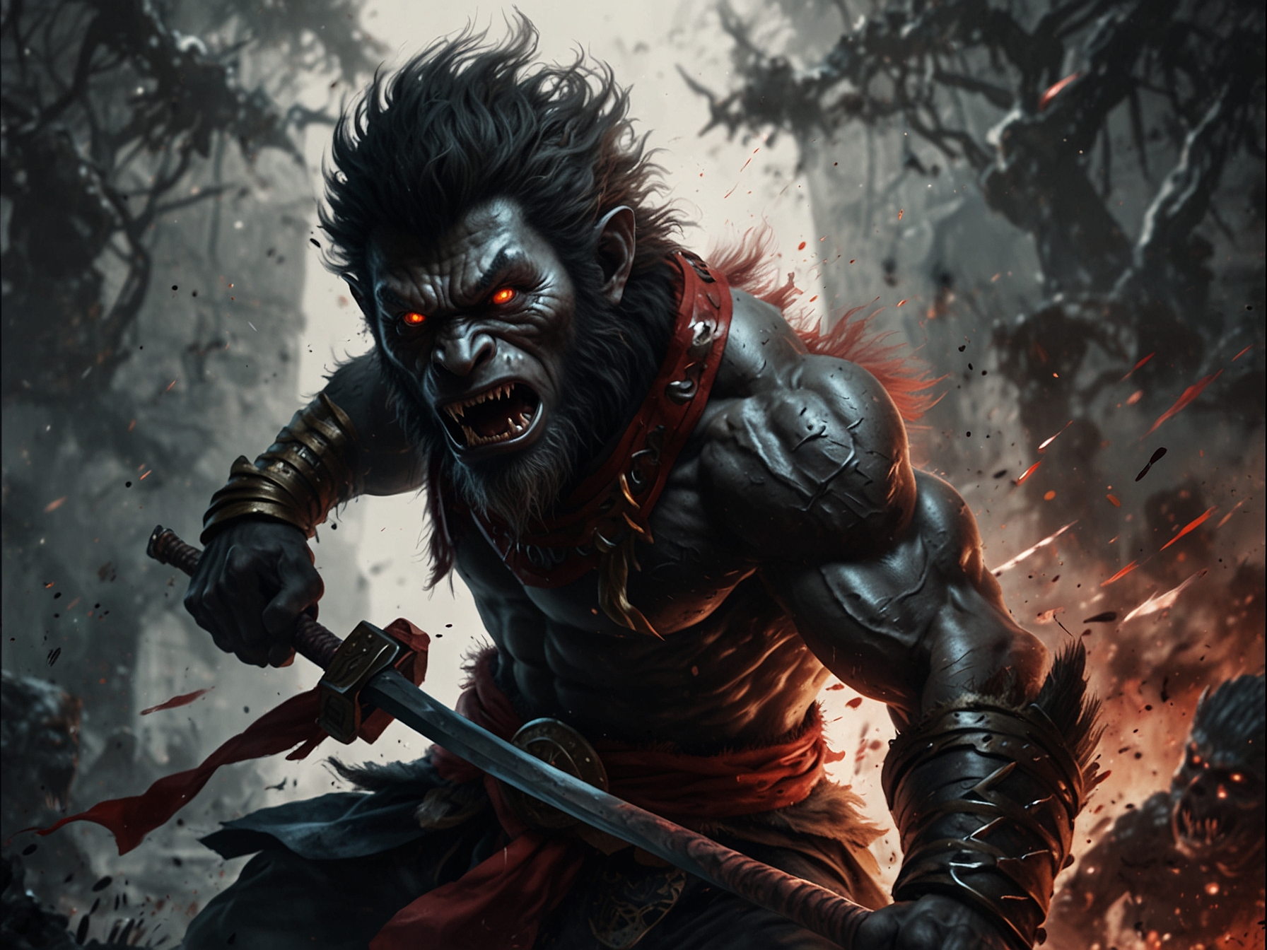 A dynamic scene from Black Myth Wukong showcasing intense combat between the protagonist and a mythical enemy.