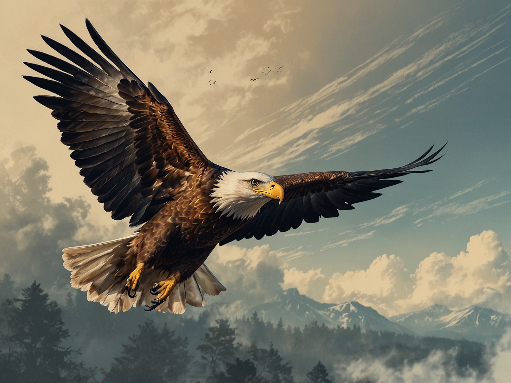 An eagle soaring high in the sky, displaying its impressive wingspan and mastery of flight.
