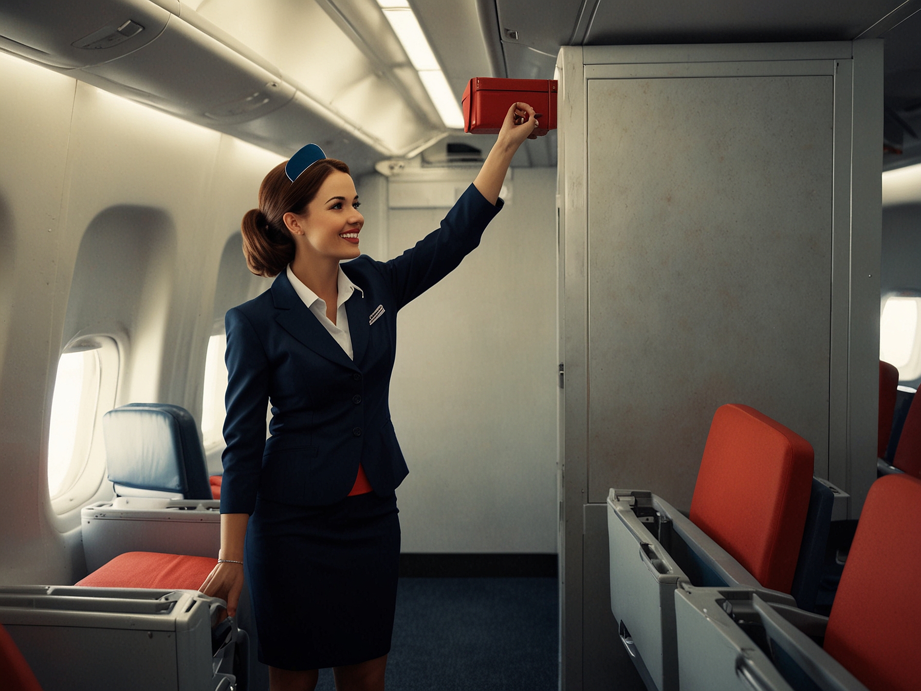 A flight attendant demonstrating how to stow luggage in the overhead locker above the seats