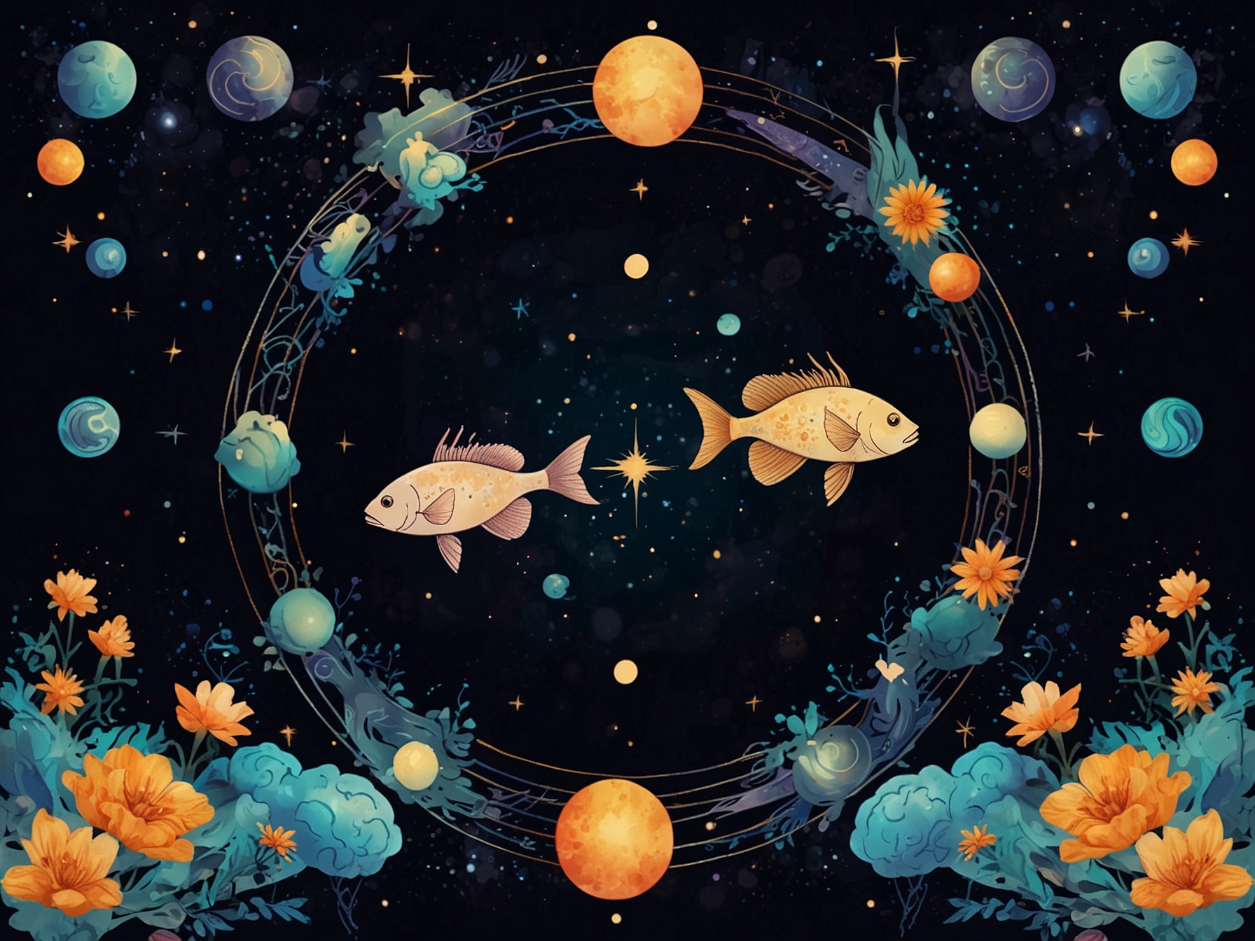 An illustration of a Pisces symbol surrounded by cosmic elements representing astrological insights for June 17, 2024.