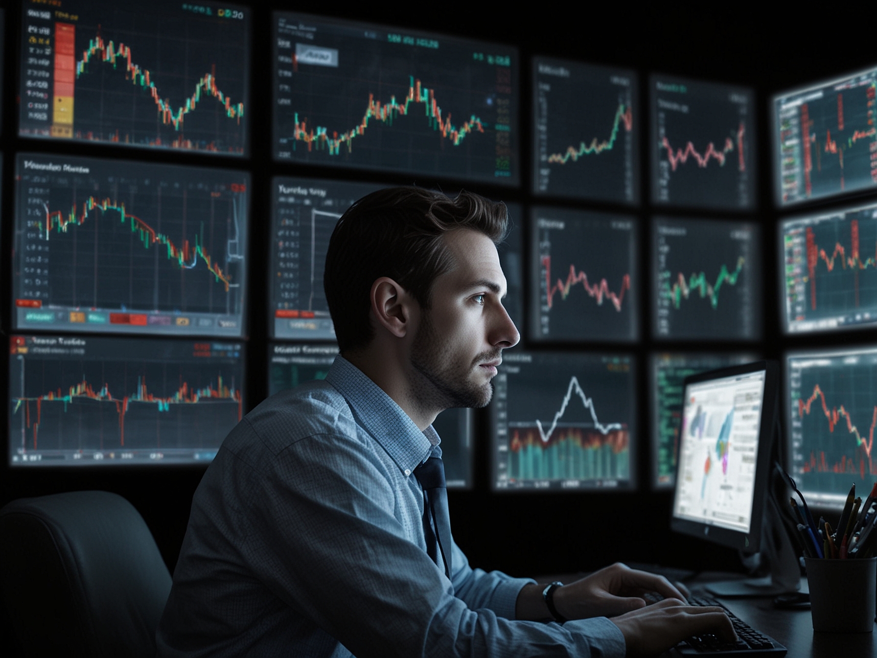An investor anxiously monitors the stock market on their computer screen, symbolizing the temptation to time the market.