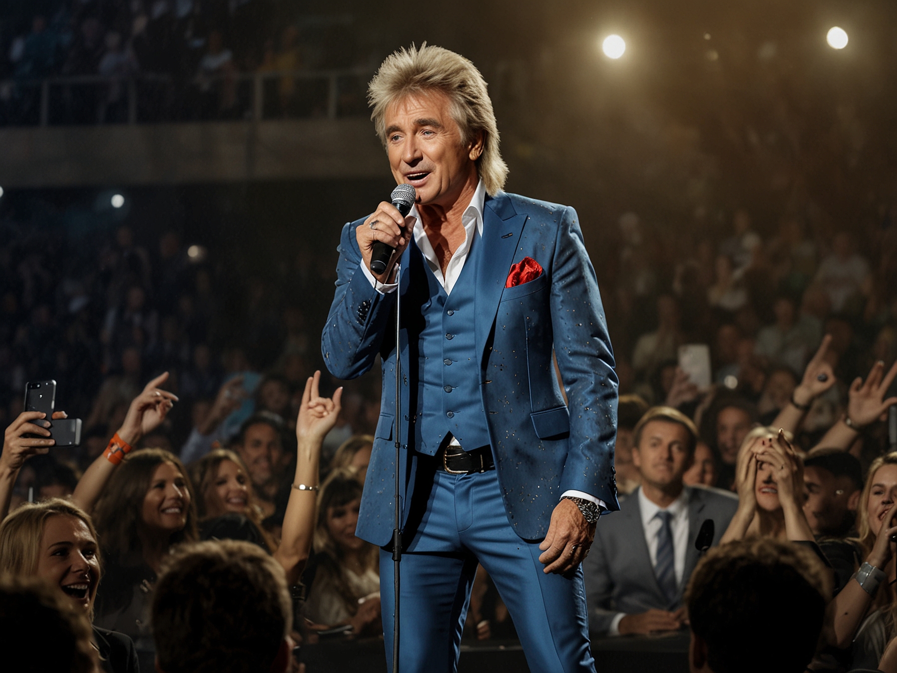 Photo of Rod Stewart performing on stage with a background image of Volodymyr Zelenskyy.