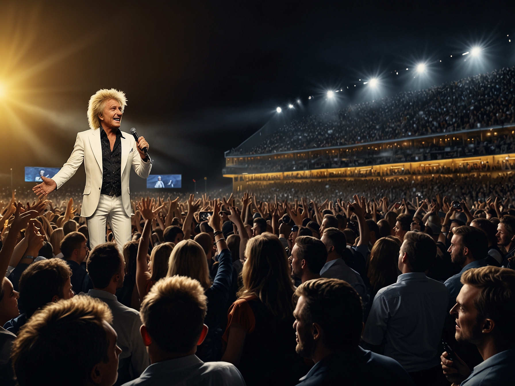 Crowd at Rod Stewart's concert in Germany, some booing while photos of Zelenskyy are displayed.
