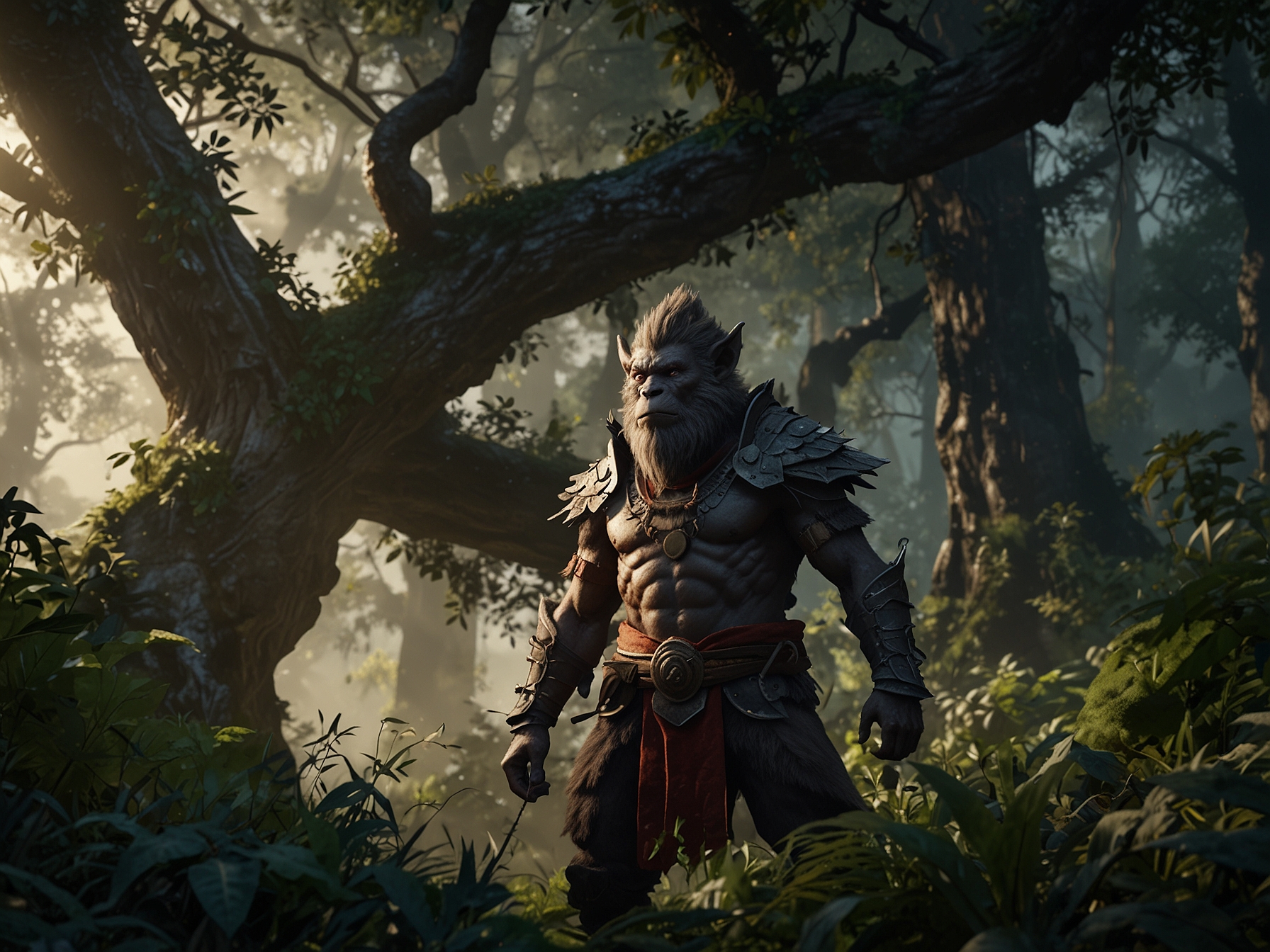 A stunning in-game scene from Black Myth: Wukong showcasing the lush forest environment and detailed character models.