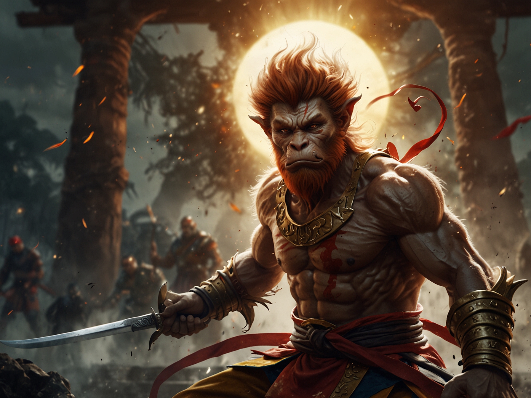 Character Sun Wukong engaging in combat with demon enemies, highlighting the dynamic martial arts and magic combat system.